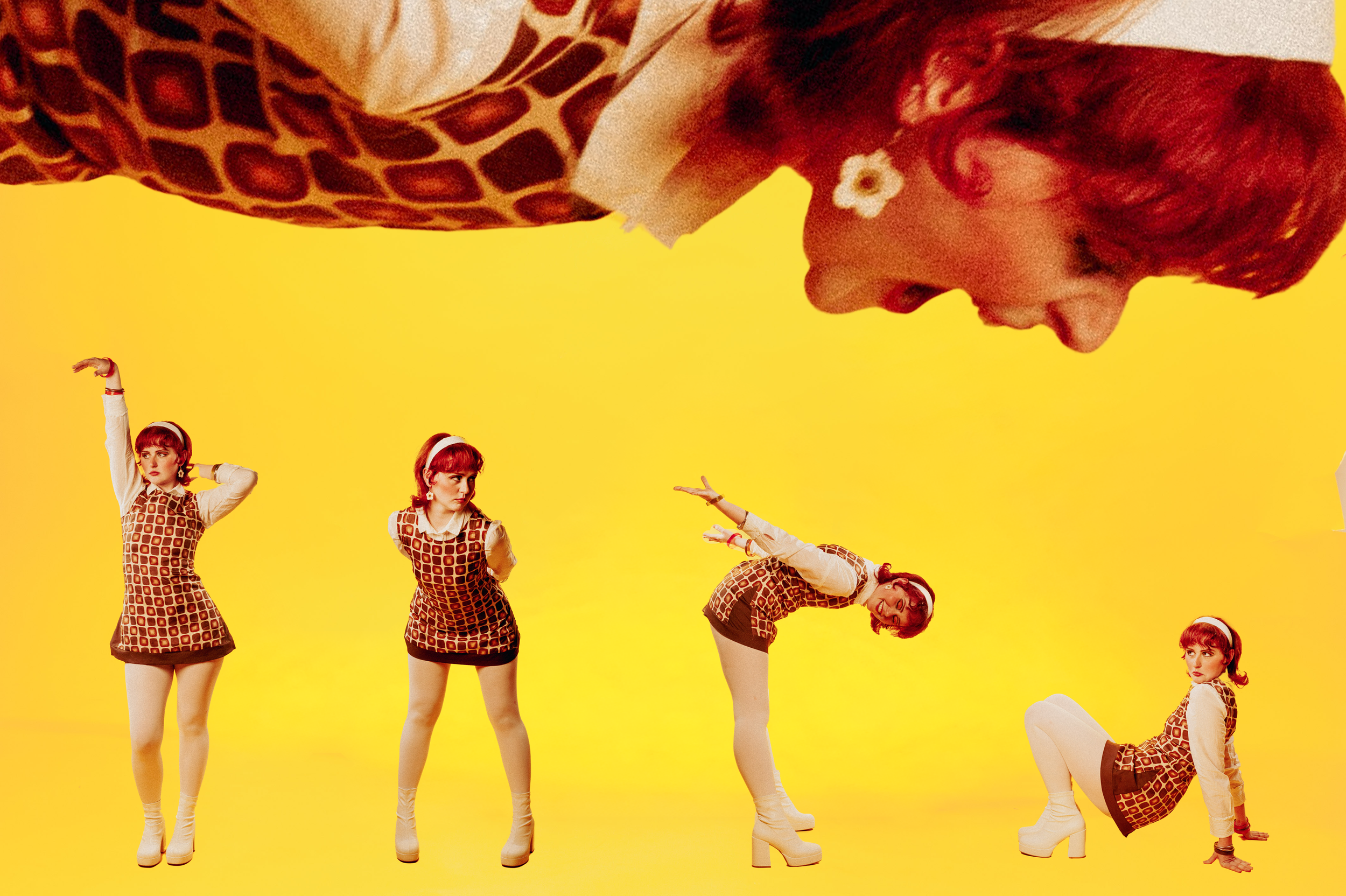 A woman with red hair and a white flower earring leans forward, looking downward, against a yellow background. In the foreground, four floating women appear in different poses, wearing matching vintage-inspired printed outfits, with a retro 1960s vib