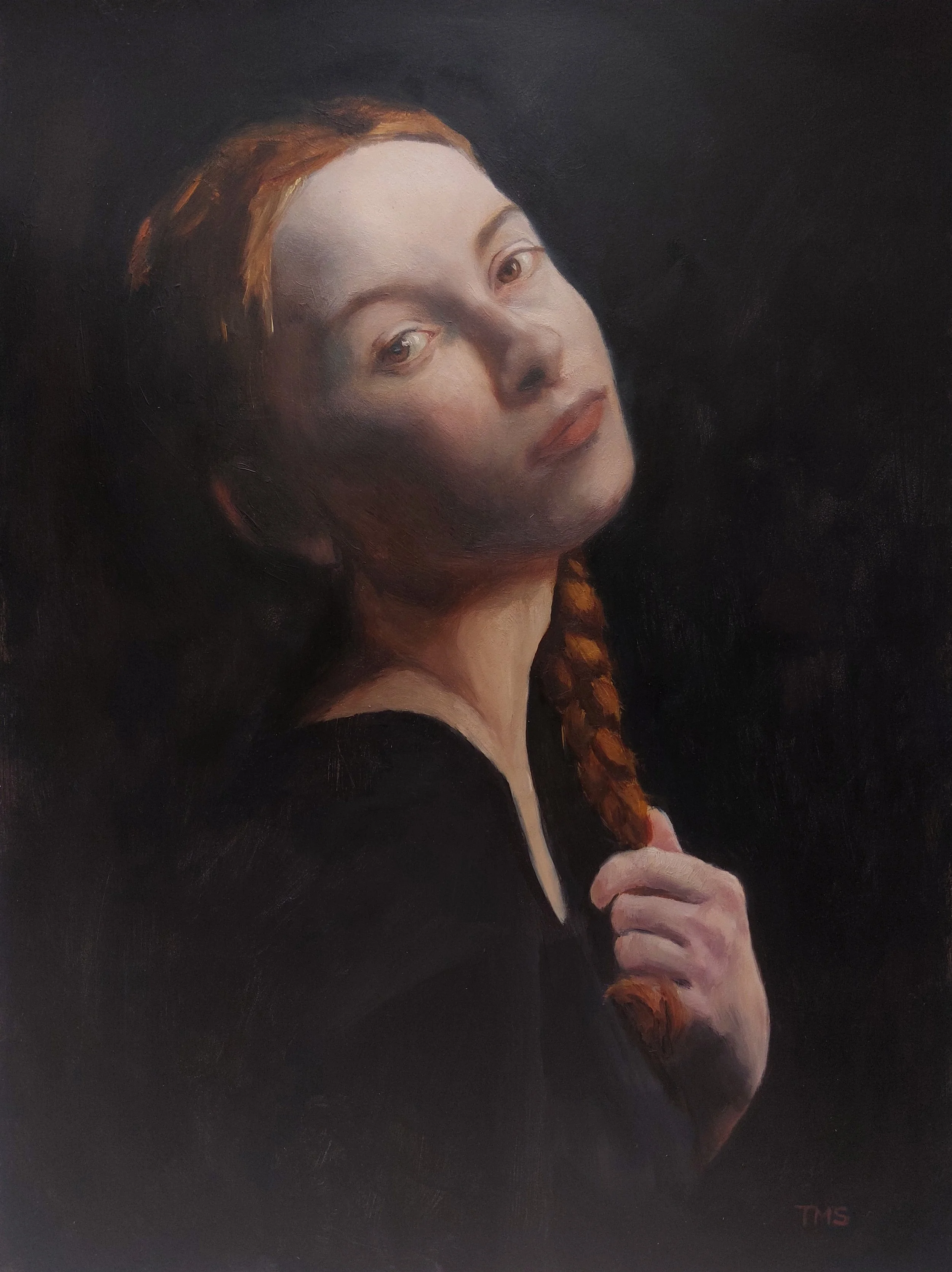 Oil painting of a woman with red hair, holding a braid, against a dark background.
