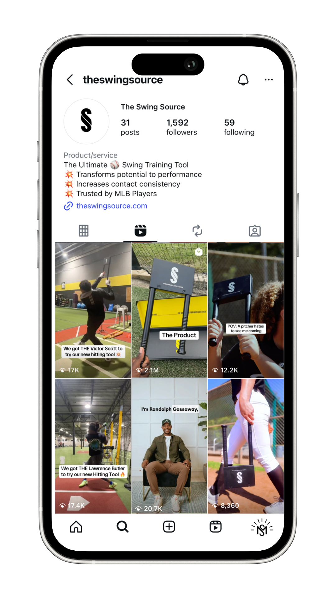 Instagram profile page for The Swing Source featuring small videos of baseball training tools and players, with captions and view counts.