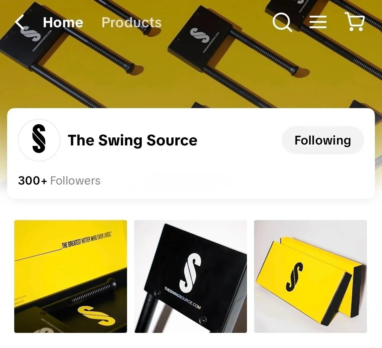 Screenshot of a website featuring products from The Swing Source, showing a black and yellow branding theme with swing-related equipment, including a microphone with the company's logo, a black box with a logo, and a yellow sign with the logo.