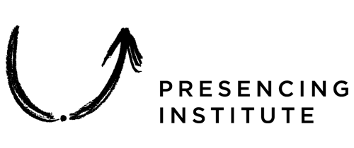 Remote and in-person visual scribing services, graphic facilitation, generative scribing for Presencing Institute, black and white logo of with a curved arrow beside the text.