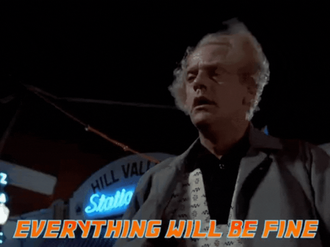 Animated scene of a surprised man in front of a neon sign with text "Everything will be fine."