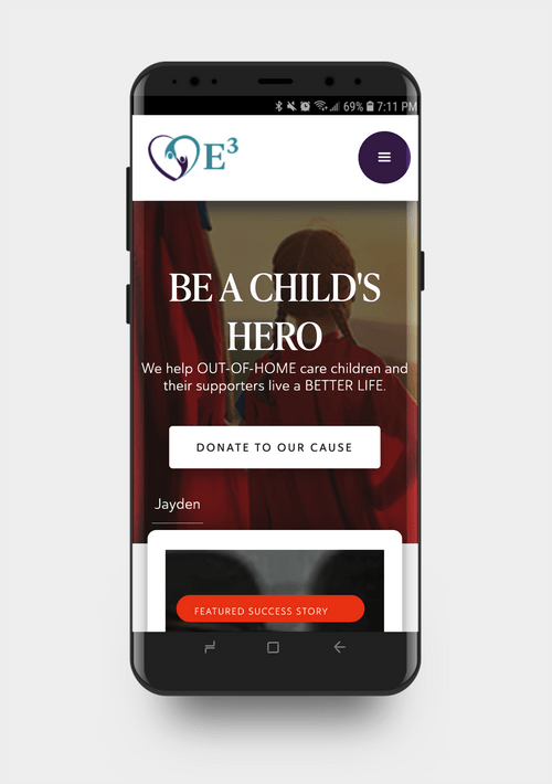 Mobile phone displaying a charity website for E3, supporting out-of-home care children, with a donation button and success story feature.