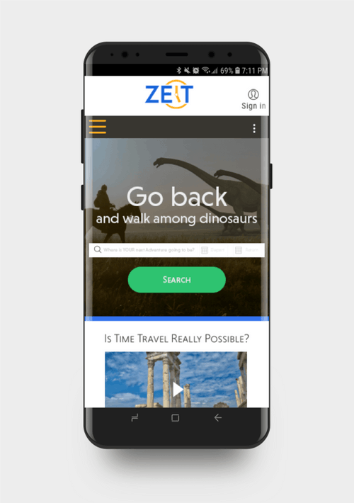 The mobile app screen shows a travel website called ZET with a slogan 'Go back and walk among dinosaurs.' There is a search bar and a green 'SEARCH' button, along with a section titled 'Is Time Travel Really Possible?' featuring a video thumbnail of ancient ruins.