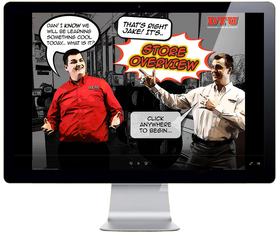A digital comic style graphic showing two men in a store or workshop. The man on the left wears a red shirt with 'DTU' on it, smiling with his hands open. The man on the right, in a white shirt, points at a speech bubble that says 'Store Overview' in bold yellow and red text. The background features equipment and tools. The graphic includes speech bubbles with text: one says 'Dan! I know we will be learning something cool today... what is it?', and another says 'Click anywhere to begin...'