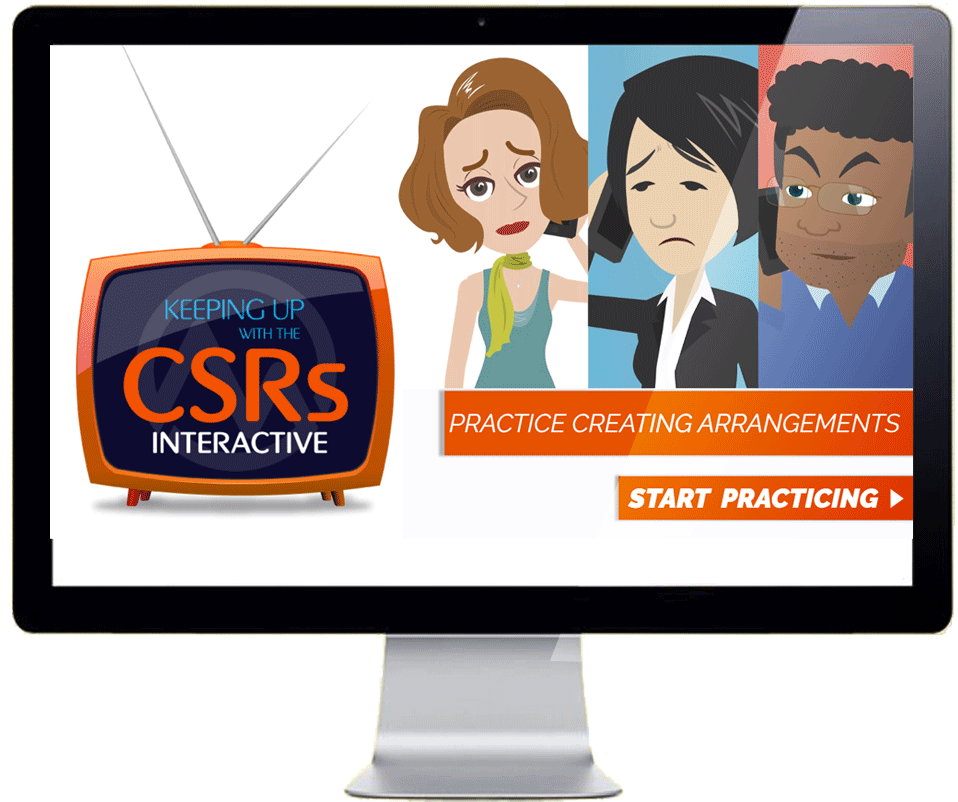 Graphic advertisement featuring an old television with the text "Keeping up with the CSR's interactive," three animated women with different expressions, and a red button labeled "Start Practicing" for creating arrangements.