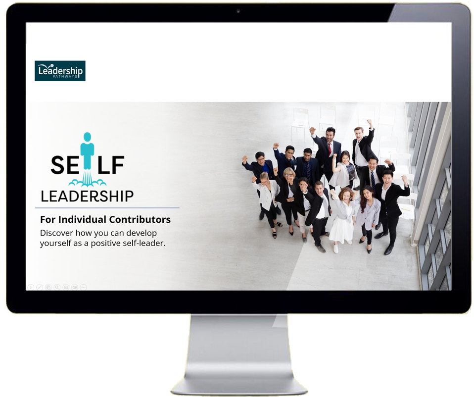 A computer screen displaying a leadership training presentation titled "Self Leadership for Individual Contributors" with a group of diverse professional people looking up at the camera, some raising fists in celebration.