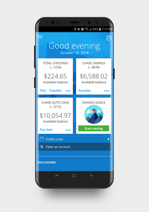 Mobile banking app screen displaying account balances, options to pay and transfer, and a savings goal section with a start saving button.