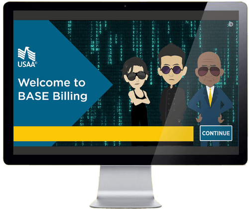 Computer screen displaying a welcome message for BASE Billing with three animated characters dressed in dark clothing and sunglasses, a blue backdrop with matrix-style code, and a "Continue" button.