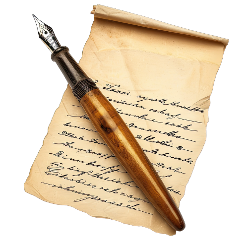A vintage fountain pen resting on a crumpled, handwritten letter on yellowed paper.