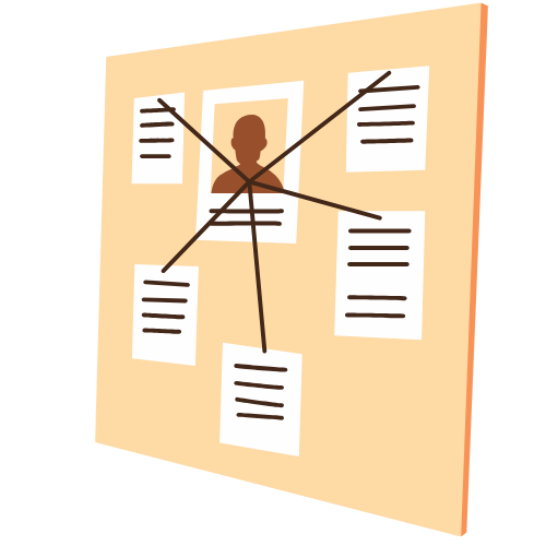 A bulletin board with various documents and a silhouette of a person in the center, connected by lines indicating a mind map or organizational chart.