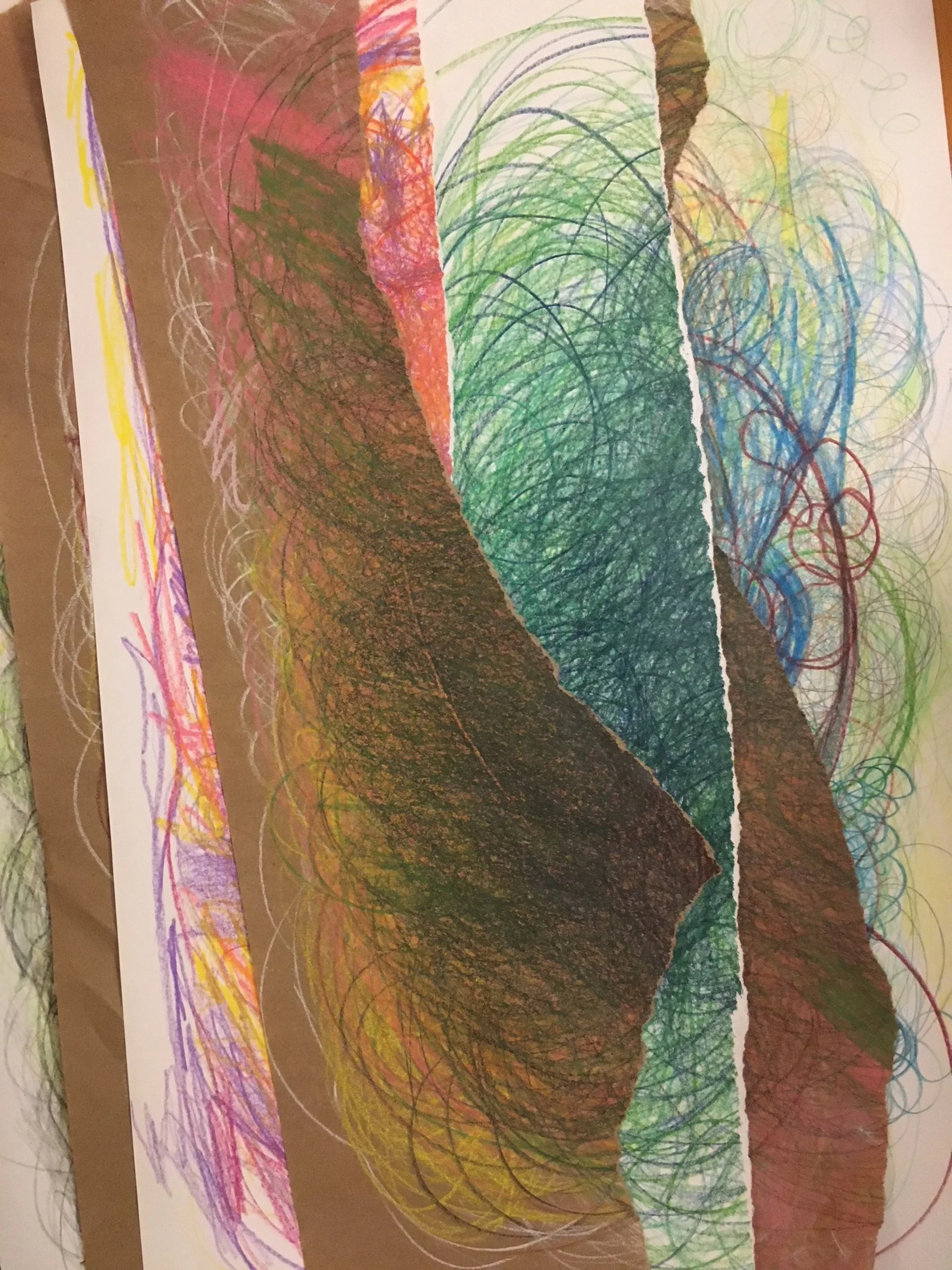 Layers of line drawings on different coloured papers. Energetic swirls of pinks, greens, and blues.