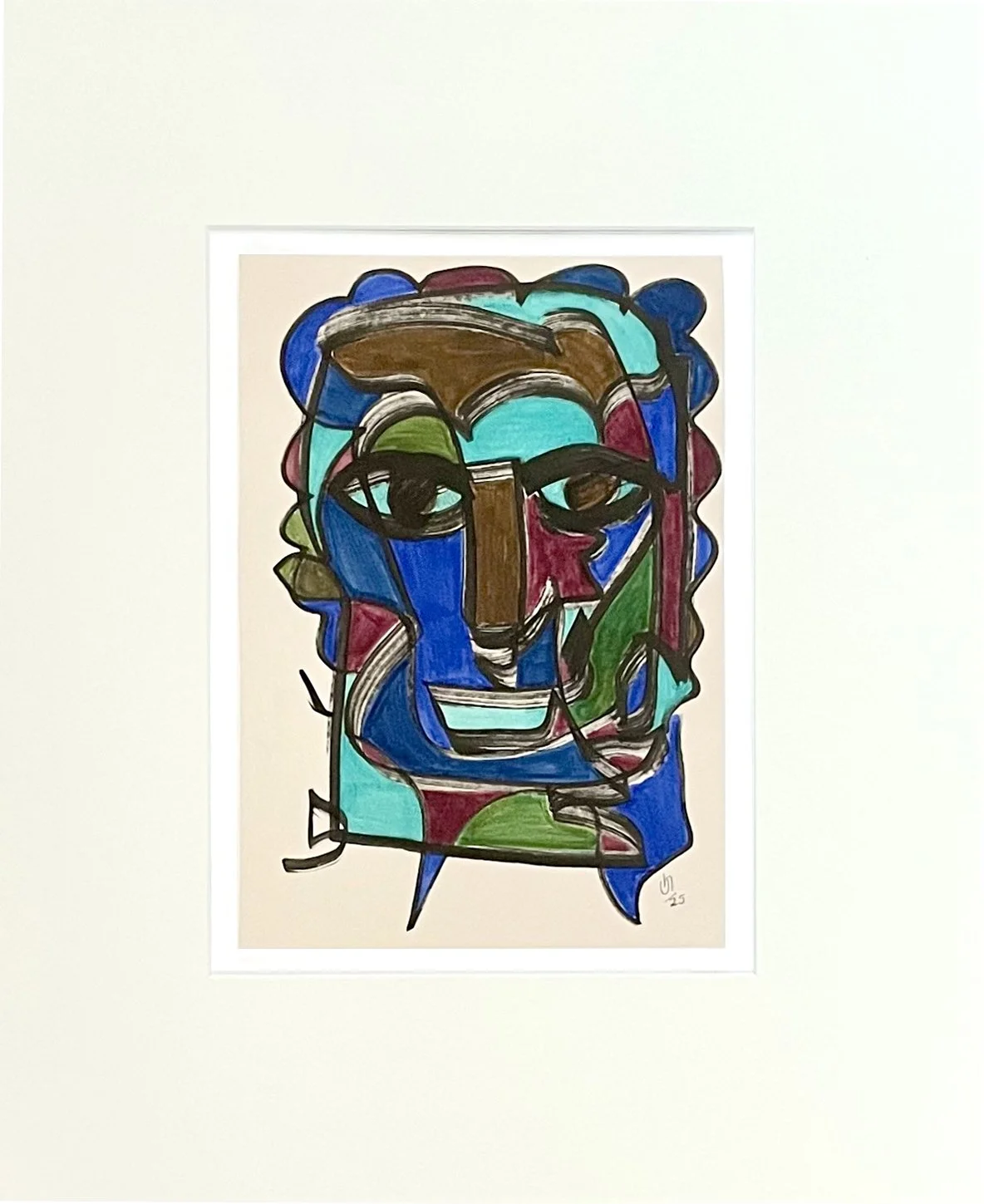 Abstraktes Kunstwerk eines menschlichen Gesichts mit bunten Flächen und schwarzen Linien.
