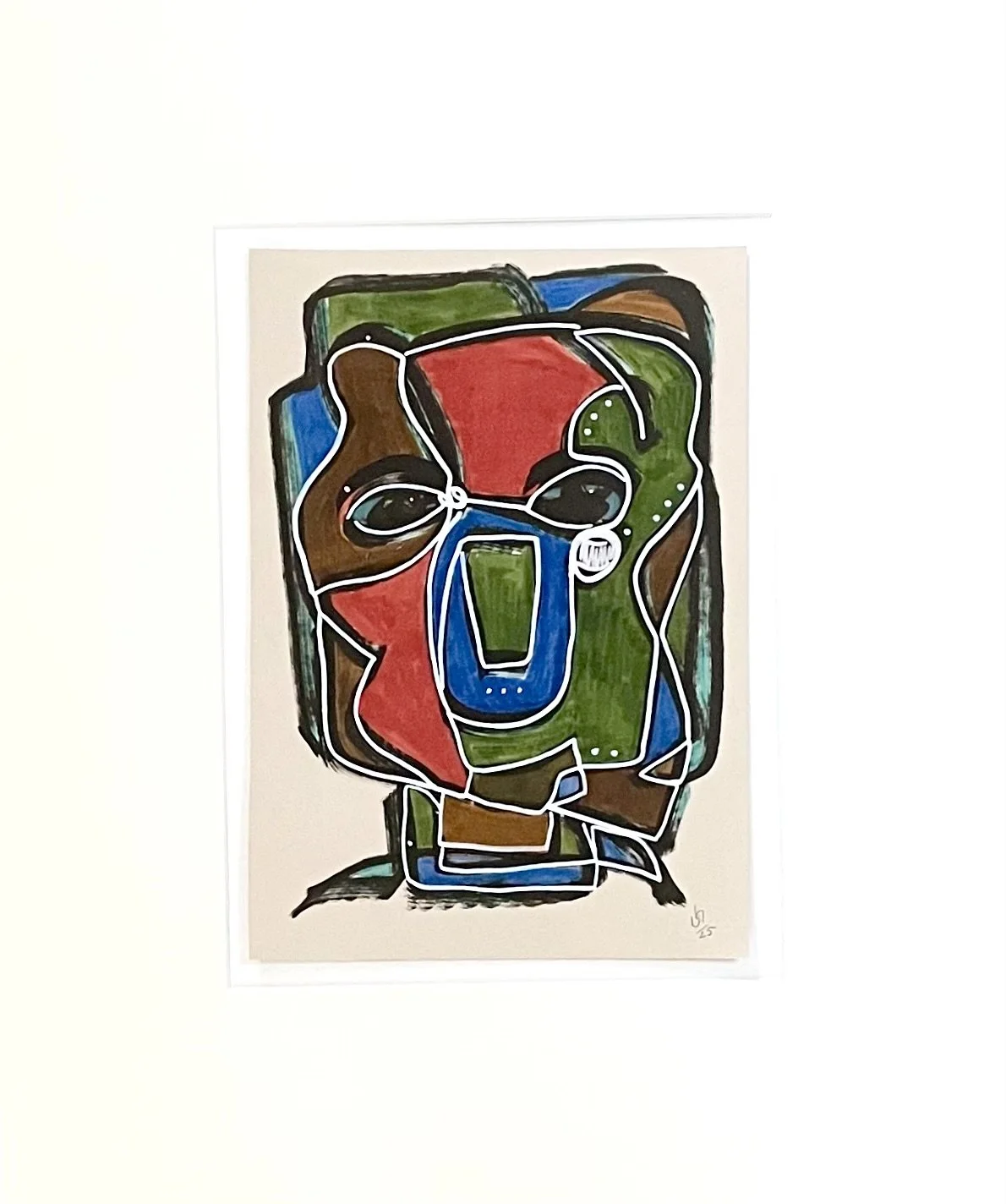 Abstraktes Kunstwerk eines Tierkopfes, vermutlich eines Hundes, in bunten Farben mit schwarzen Konturen.