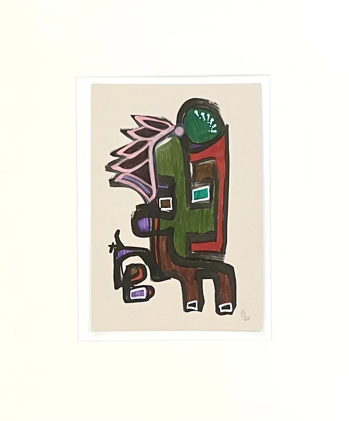 Abstraktes Gemälde eines sitzenden, grafisch stilisierten Tieres mit Hörnern, vielleicht ein Kalb, in lebendigen Farben wie Grün, Rot und Schwarz.