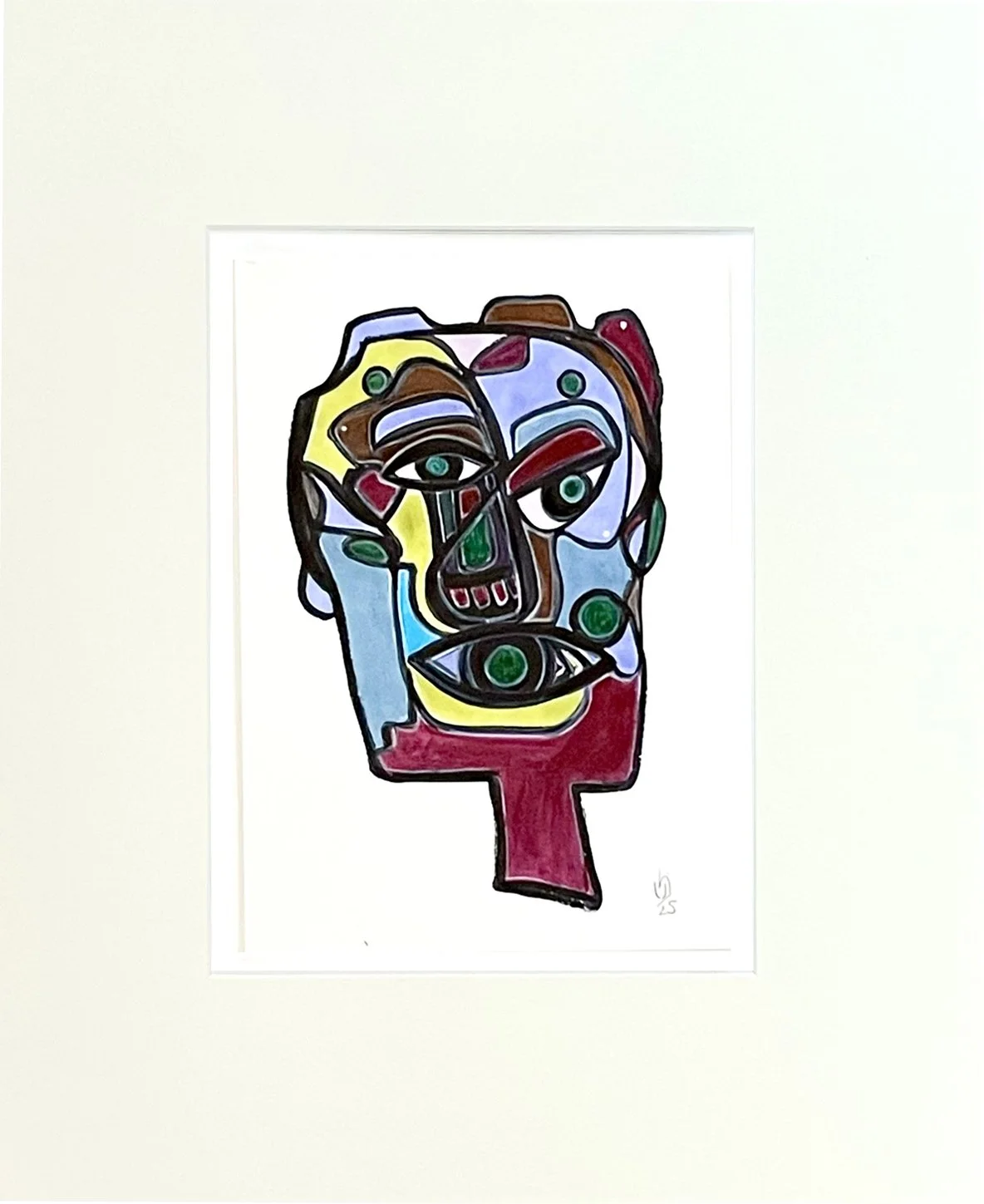 Abstraktes Gemälde eines menschlichen Gesichts mit bunten Formen und Linien, inspiriert von Pablo Picassos kubistischer Stil.