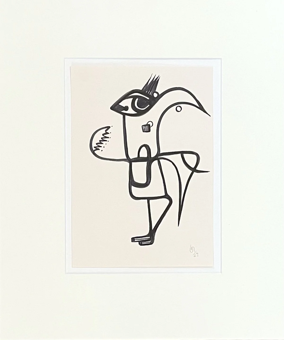 Schwarz-weiße Illustration eines Tier-Karikatur in einem minimalistischen Stil mit dicker Linienführung im weißen Rahmen.