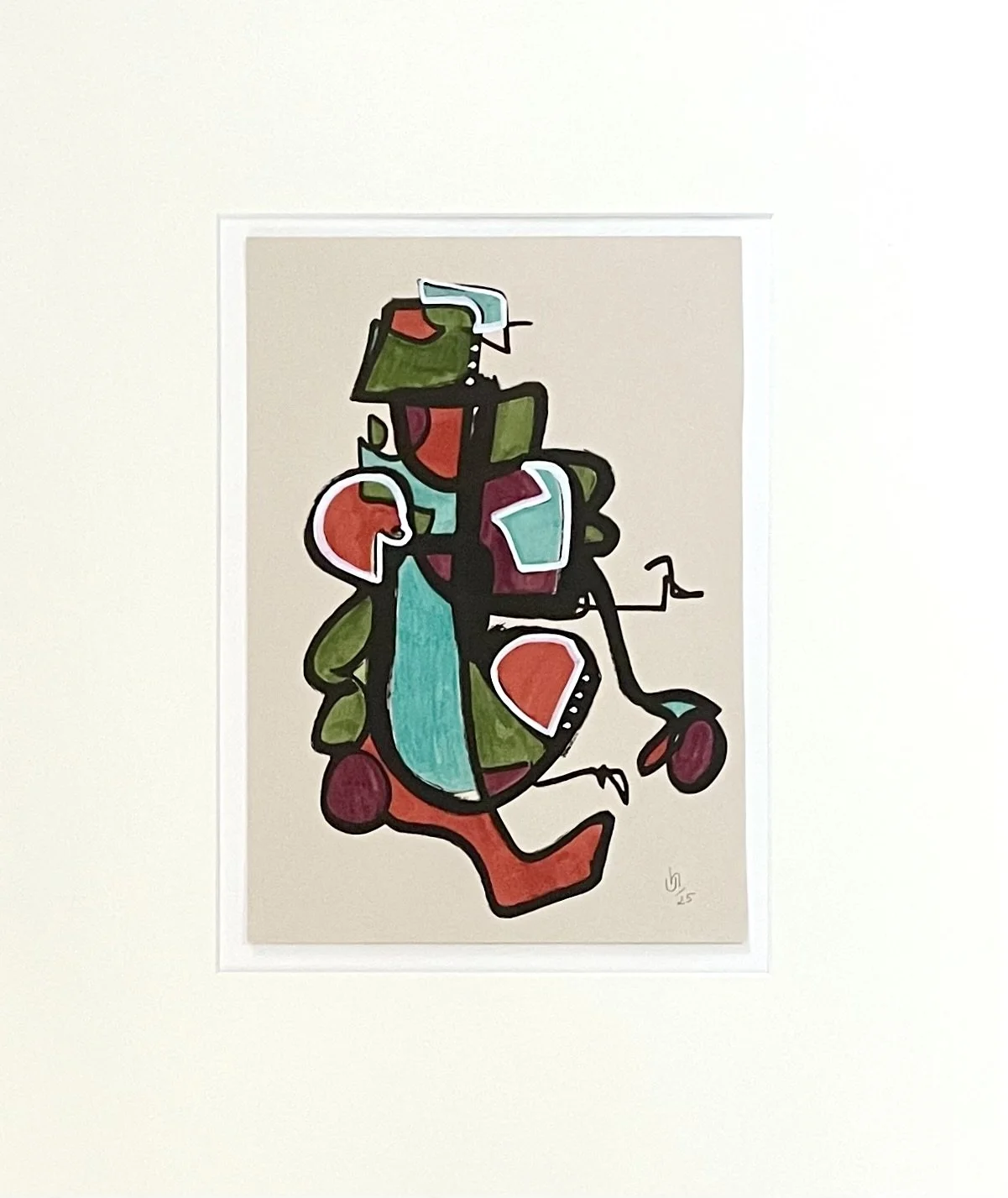 Abstraktes Kunstwerk mit bunten geometrischen Formen und schwarzen Umrissen auf beigem Hintergrund.