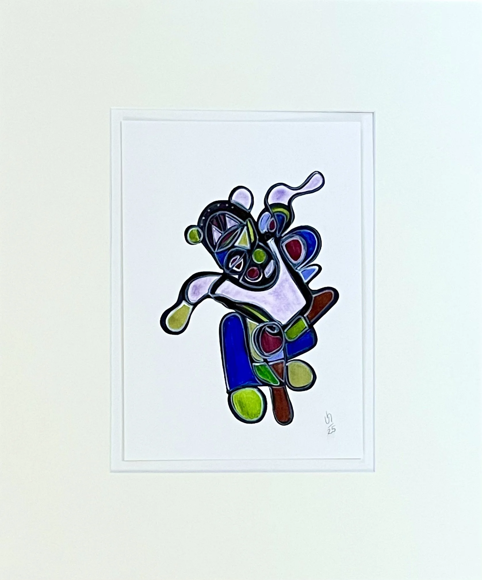 Abstraktes Kunstwerk mit leuchtenden Farben und geometrischen Formen, Signatur und Nummer 5/25 am unteren Rand.
