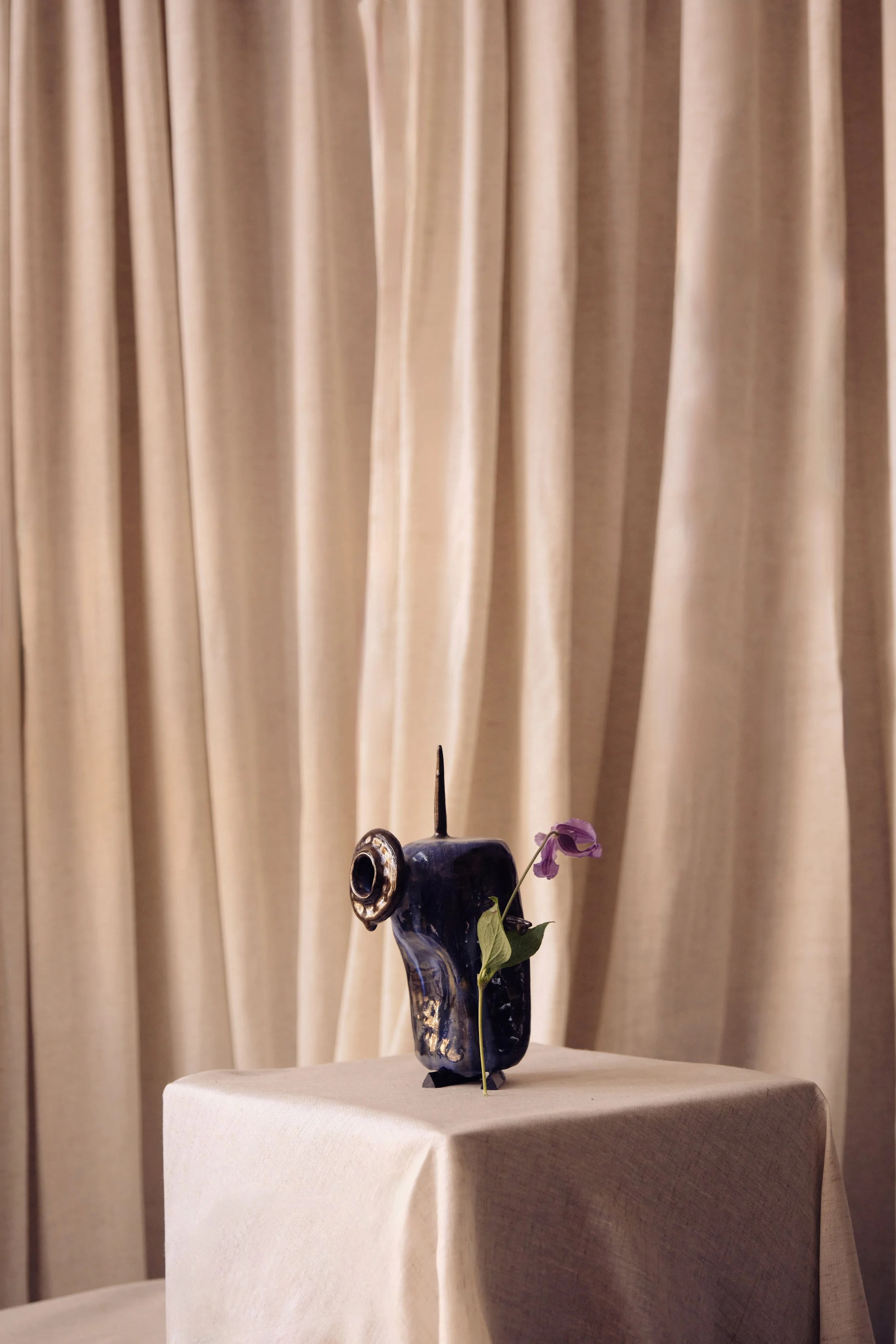 Keramikvase mit Pflanze auf einer Tisch als Deko in einem Raum mit beige Vorhängen.