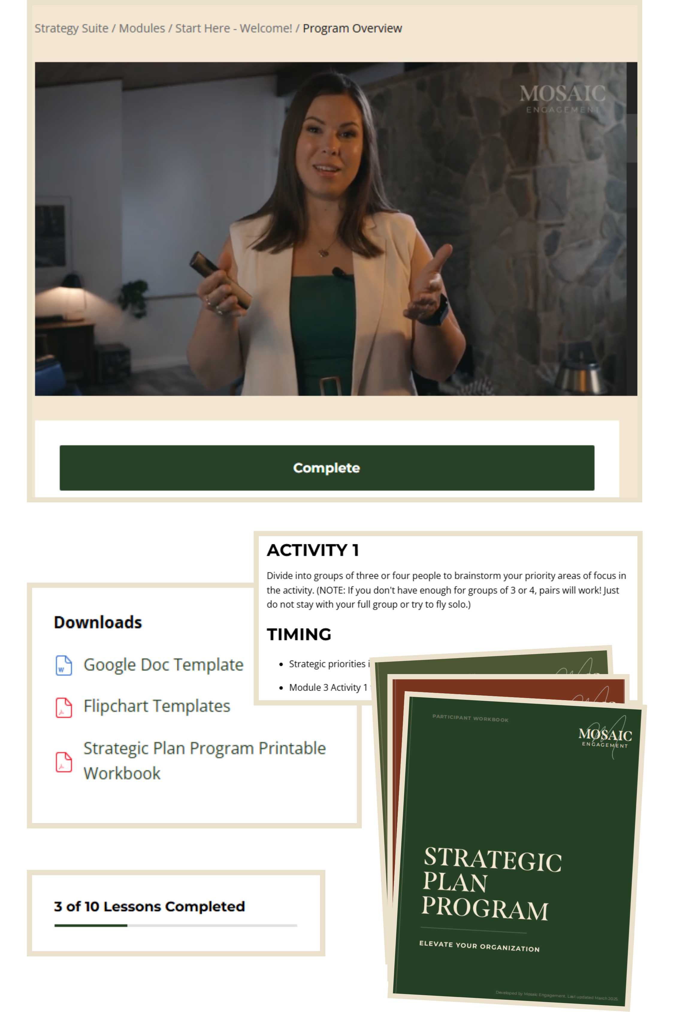 Screenshot of an online training module for a strategic planning program, featuring a woman speaking in front of a stone wall, with downloadable templates and a progress tracker at the bottom.