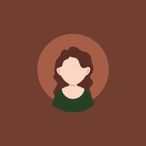 Minimalist illustration of a woman with wavy brown hair, wearing a green top, against a brown background with a circular halo behind her head.