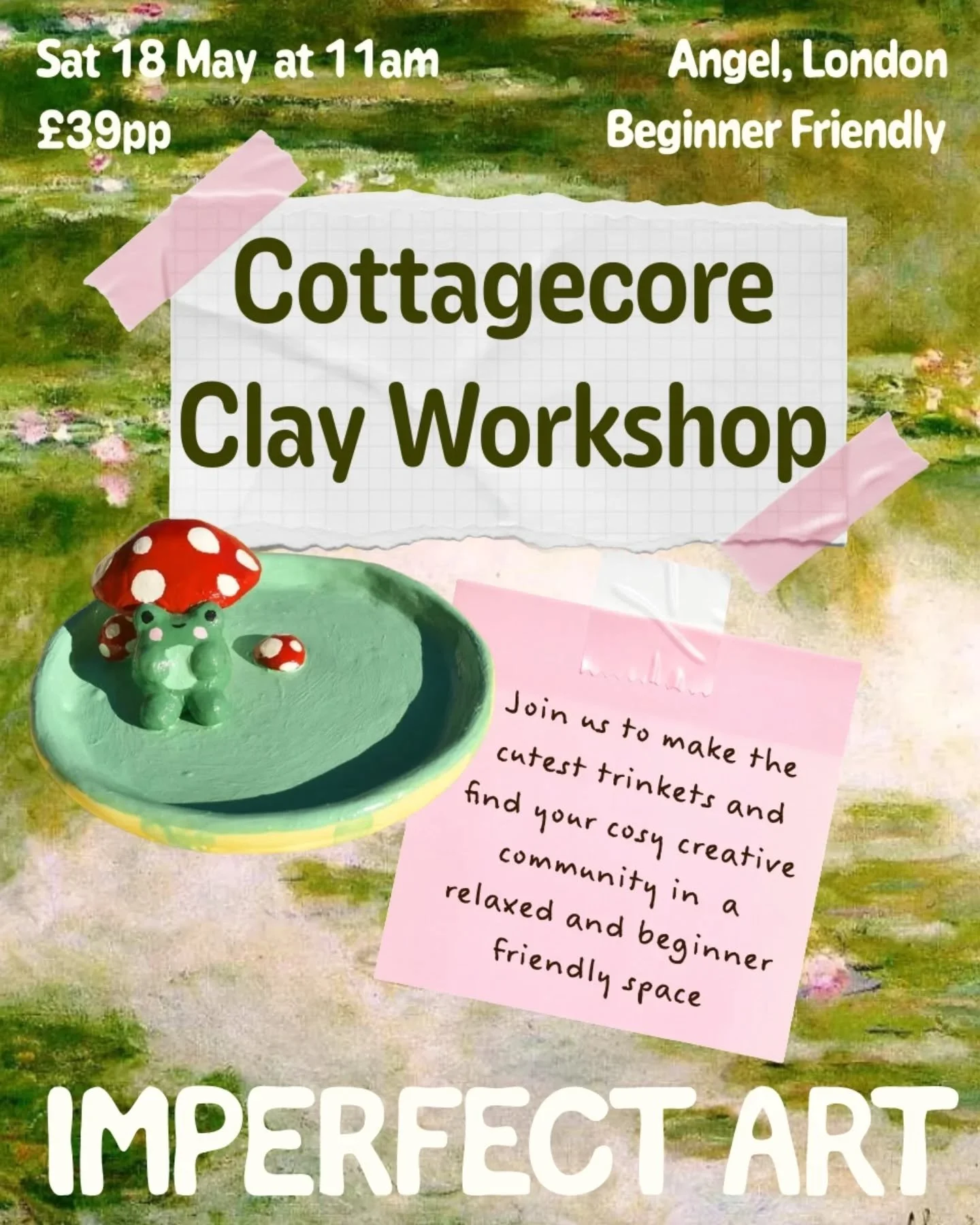 We're back with our Cottagecore Clay Workshop next week!! 🍄🌸💐

With the gentle guidance of our instructor you'll get 2 hours to make cute and unique trinkets with air dry clay 🧡

You don't need any experience and we'll provide everything you need