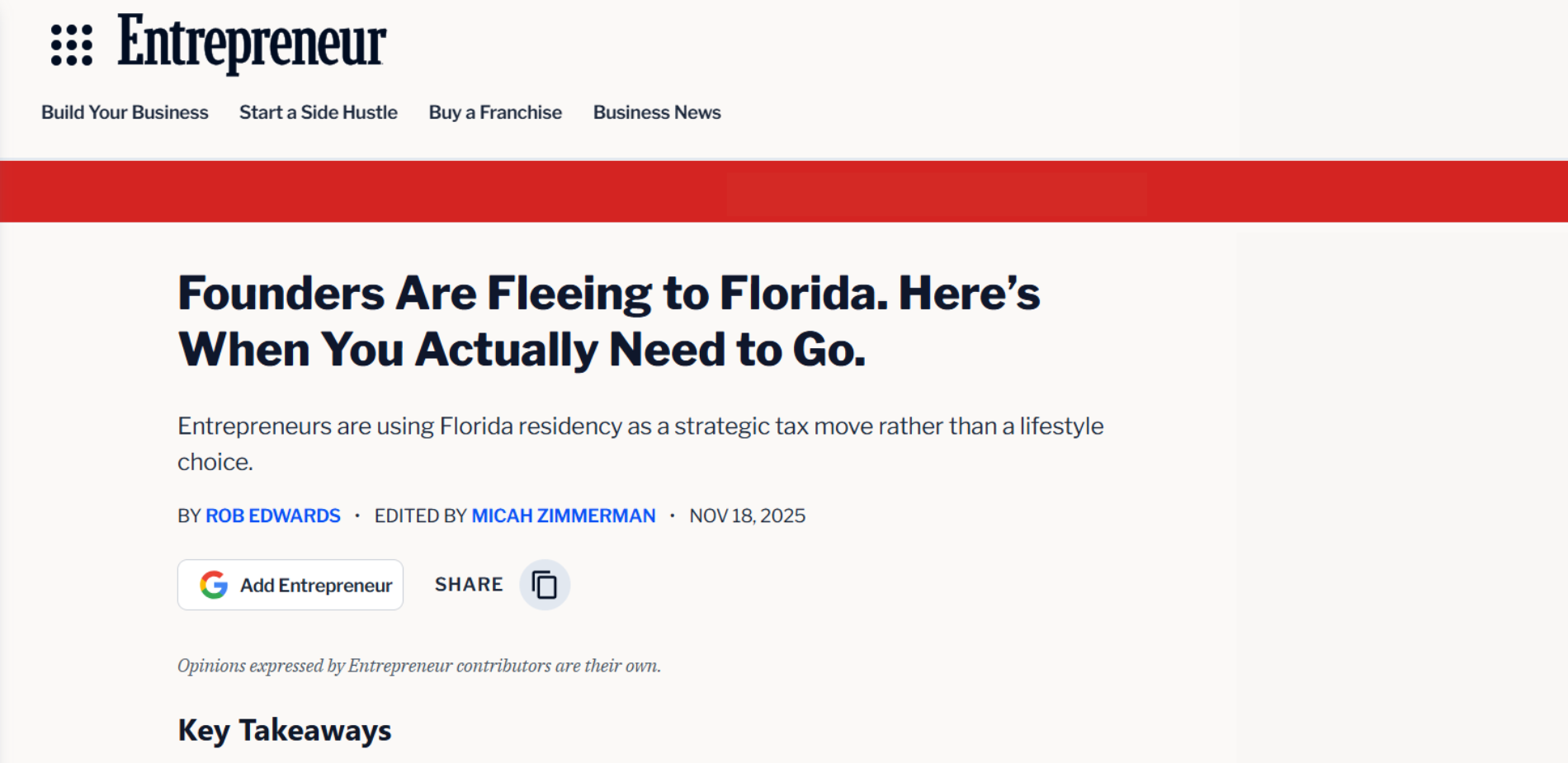 Founders Are Fleeing to Florida. Here’s When You Actually Need to Go.