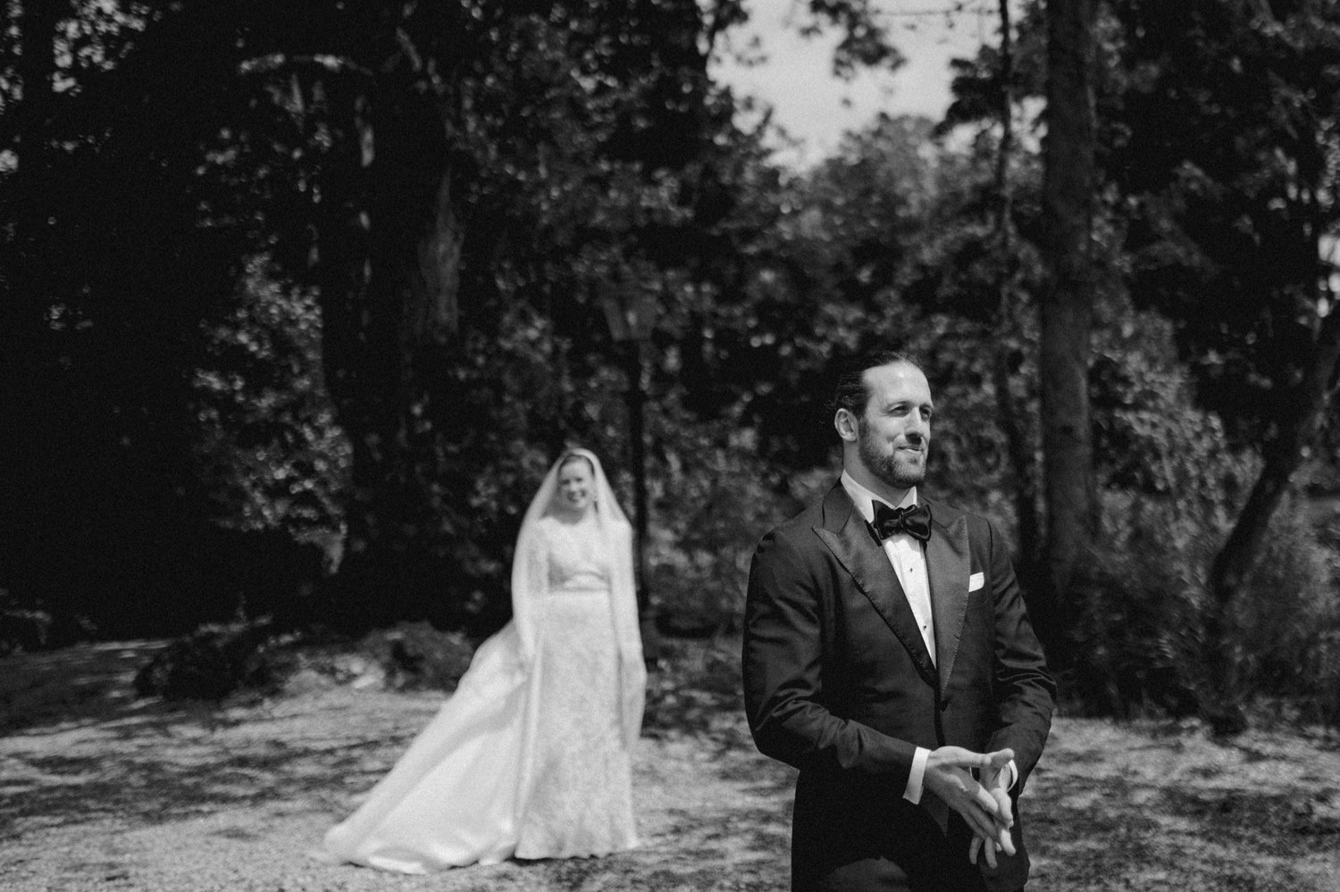 Bride and groom first look by lake at Ashley Park House Tipperary