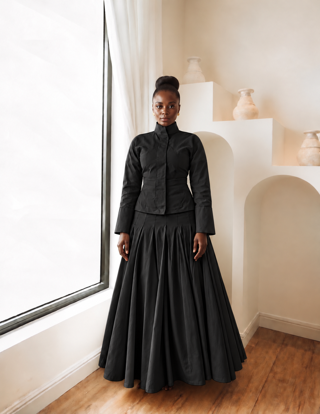 THE GODET SKIRT -BLACK.PNG