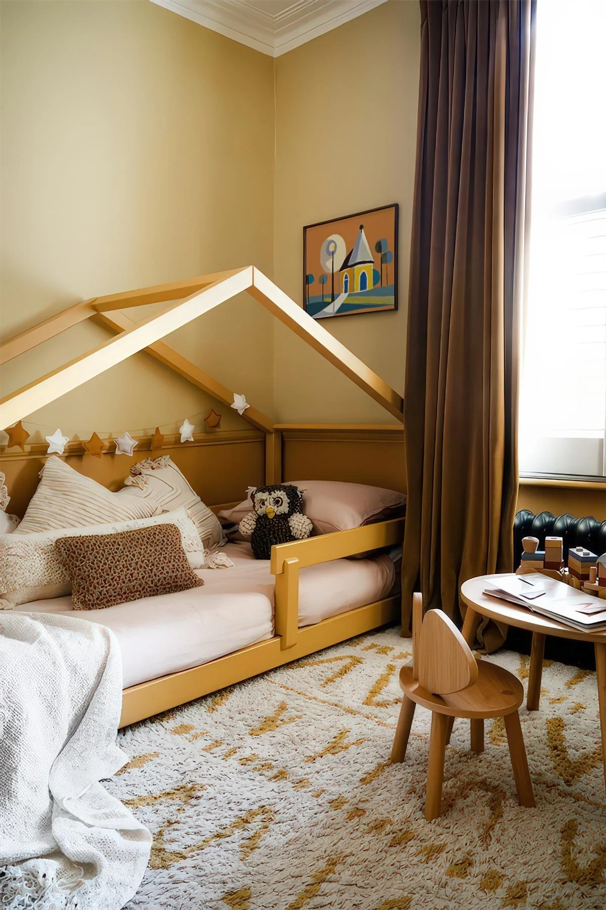 A cozy children's bedroom with a bed designed to resemble a house, complete with star-shaped string lights, stuffed owl and other decor. There's a small wooden table, a chair, and a window with brown curtains. A colorful abstract painting hangs on th