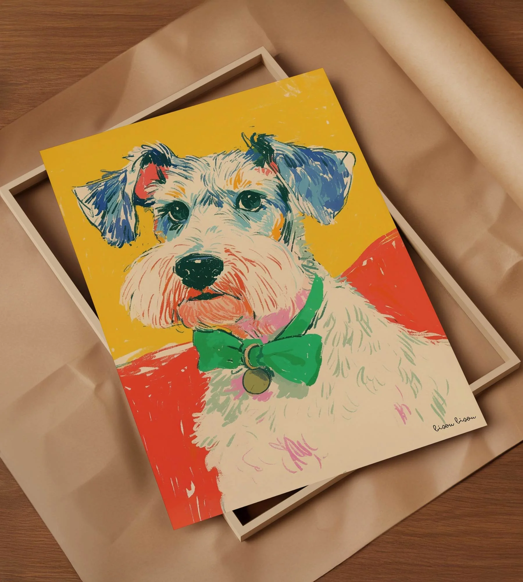 Colorful portrait of a dog with a green bow tie on a yellow and red background, signed by artist in the bottom right corner.