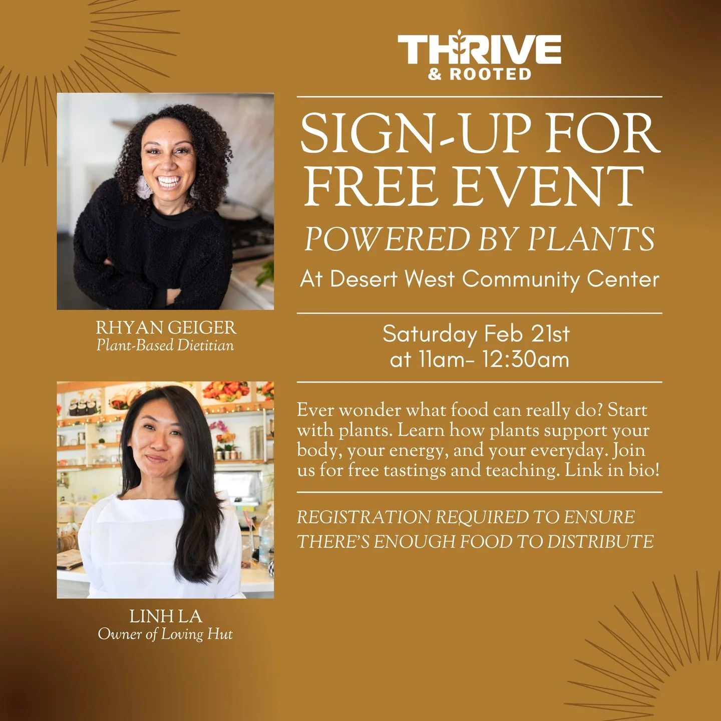 Meet our Powered by Plants presenters  Rhyan Giger &amp; Linh La! 🌱

Join Rhyan Geiger, plant-based dietitian, and Linh La, owner of Loving Hut, for a nourishing session of plant-based education, inspiration, and free food.

Expect nutrition insight