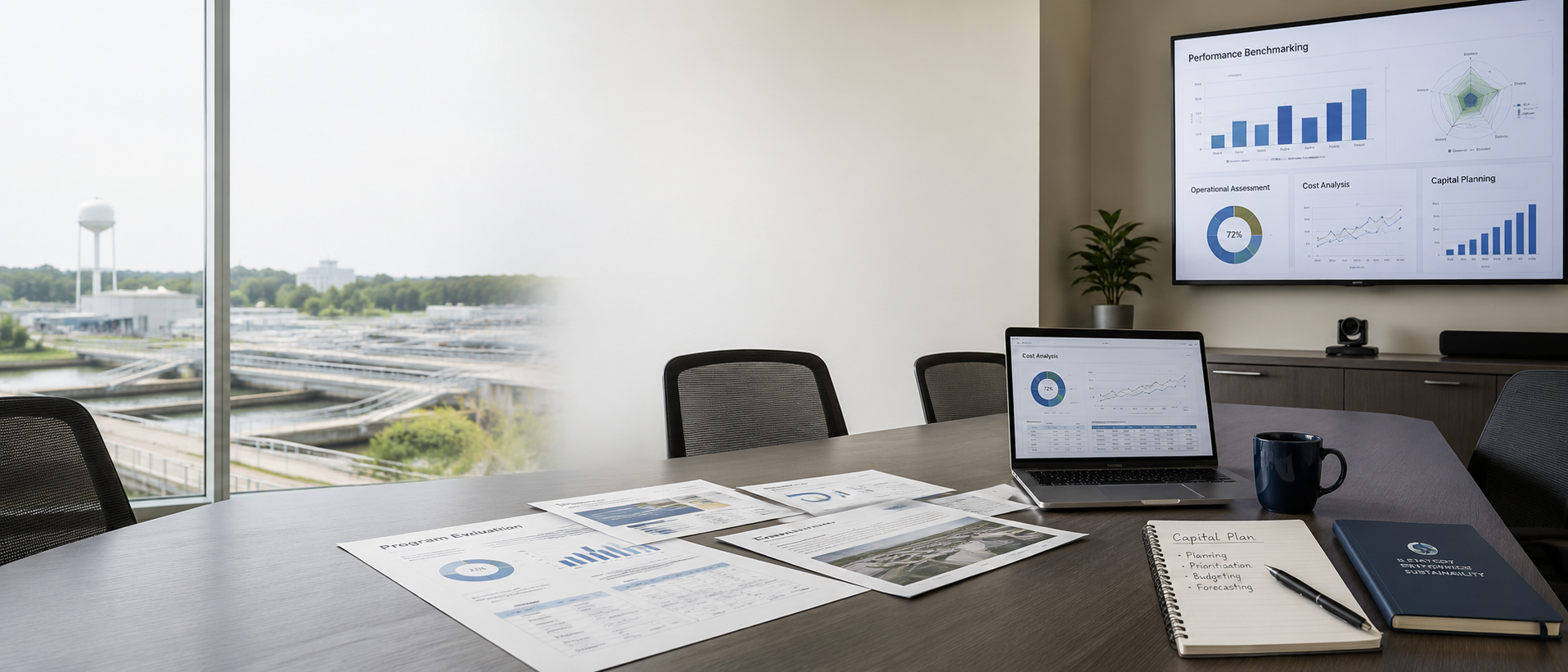 Conference room with performance dashboards, planning documents, laptop, and infrastructure facility visible through the window.