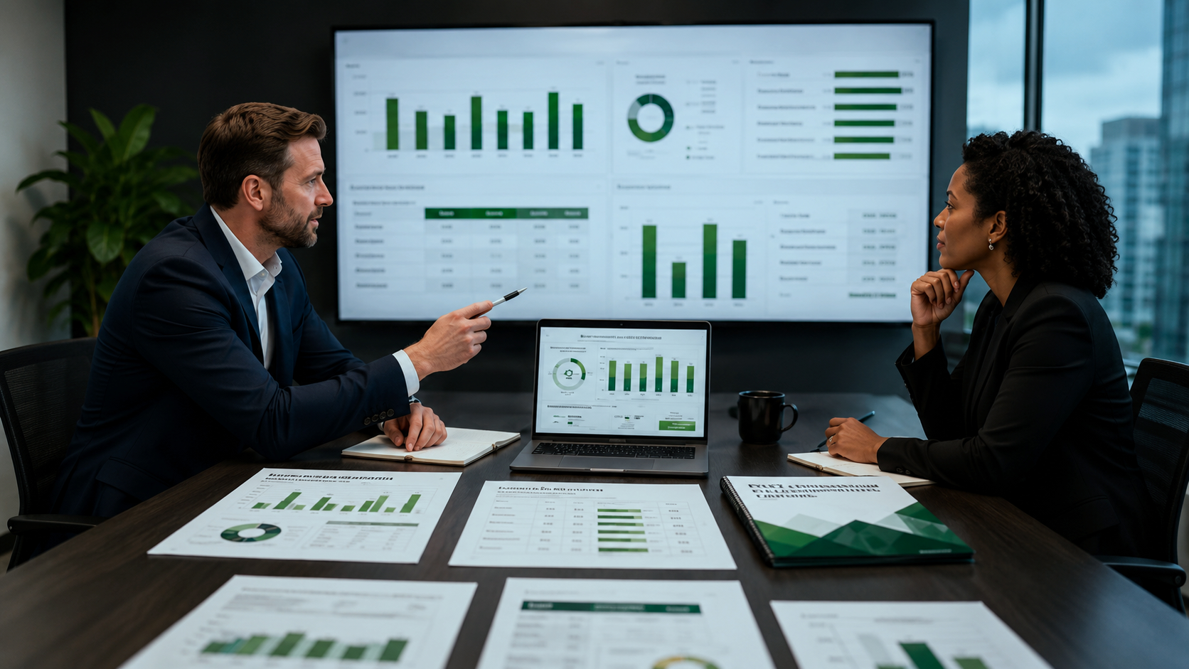 Benchmarking and comparative analysis dashboard reviewed during a business meeting