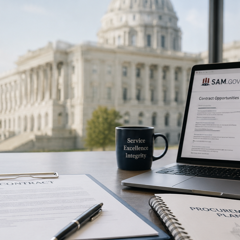 Government contracting workspace with contract documents, procurement plan, laptop displaying SAM.gov, and U.S. Capitol building in the background.