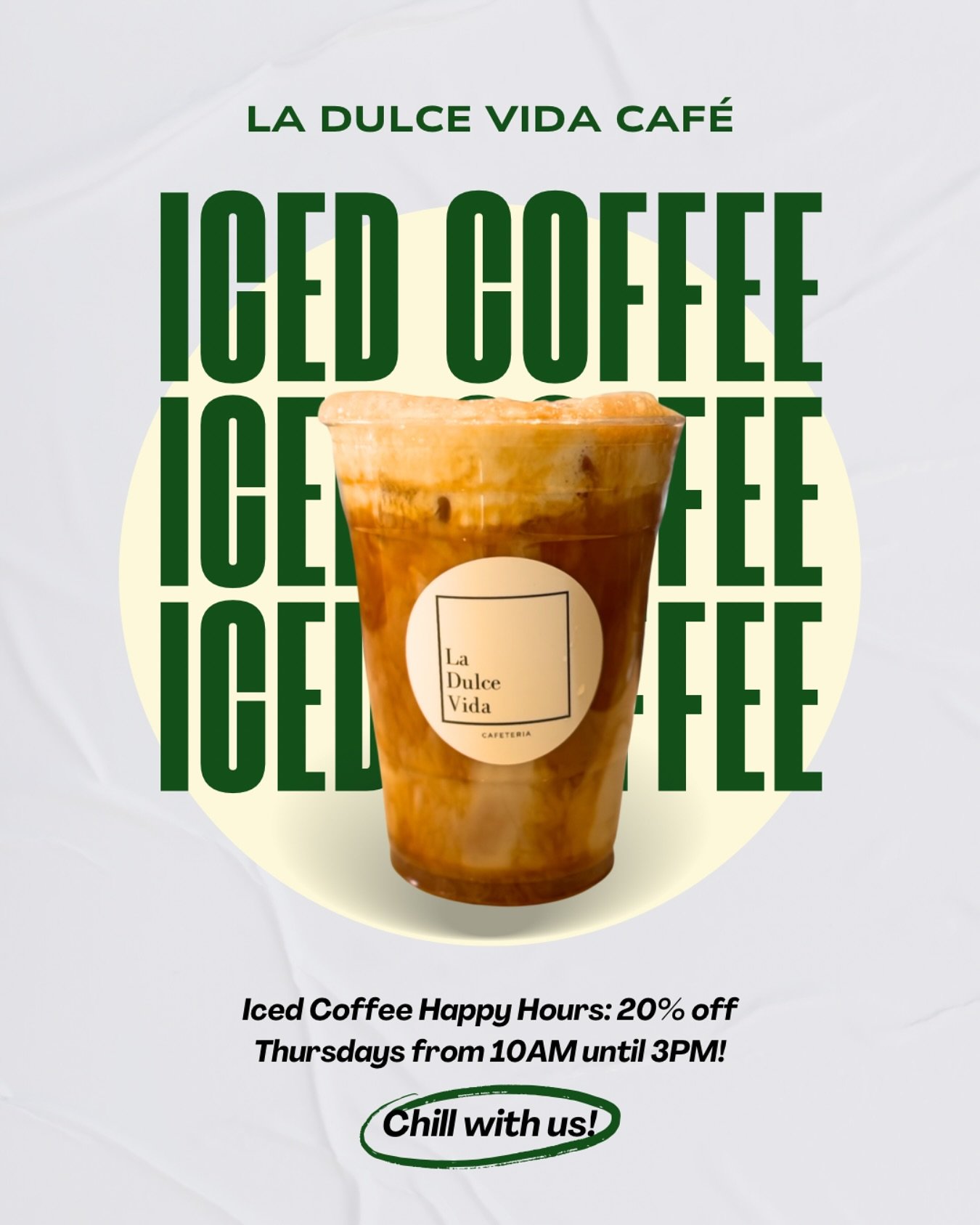 Iced Coffee season is here, and so is our Happy Hour! ☕️🌞
Every Thursday from 10AM to 3PM, enjoy 20% off all iced coffees at La Dulce Vida Café.
Come sip, relax, and savor the sweet life—one cold brew at a time.
#LaDulceVidaCafe #Ice