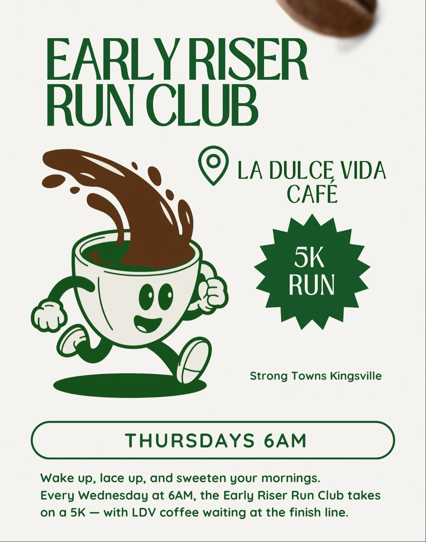 🚨 Update! Our Early Riser Run Club is now on Thursdays at 6AM 🏃‍♀️☕ Lace up, join the crew, and let LDV coffee be your finish line reward.
☀️🌧 Be sure to follow us here to stay updated on run dates + times, as they may shift with the weather.