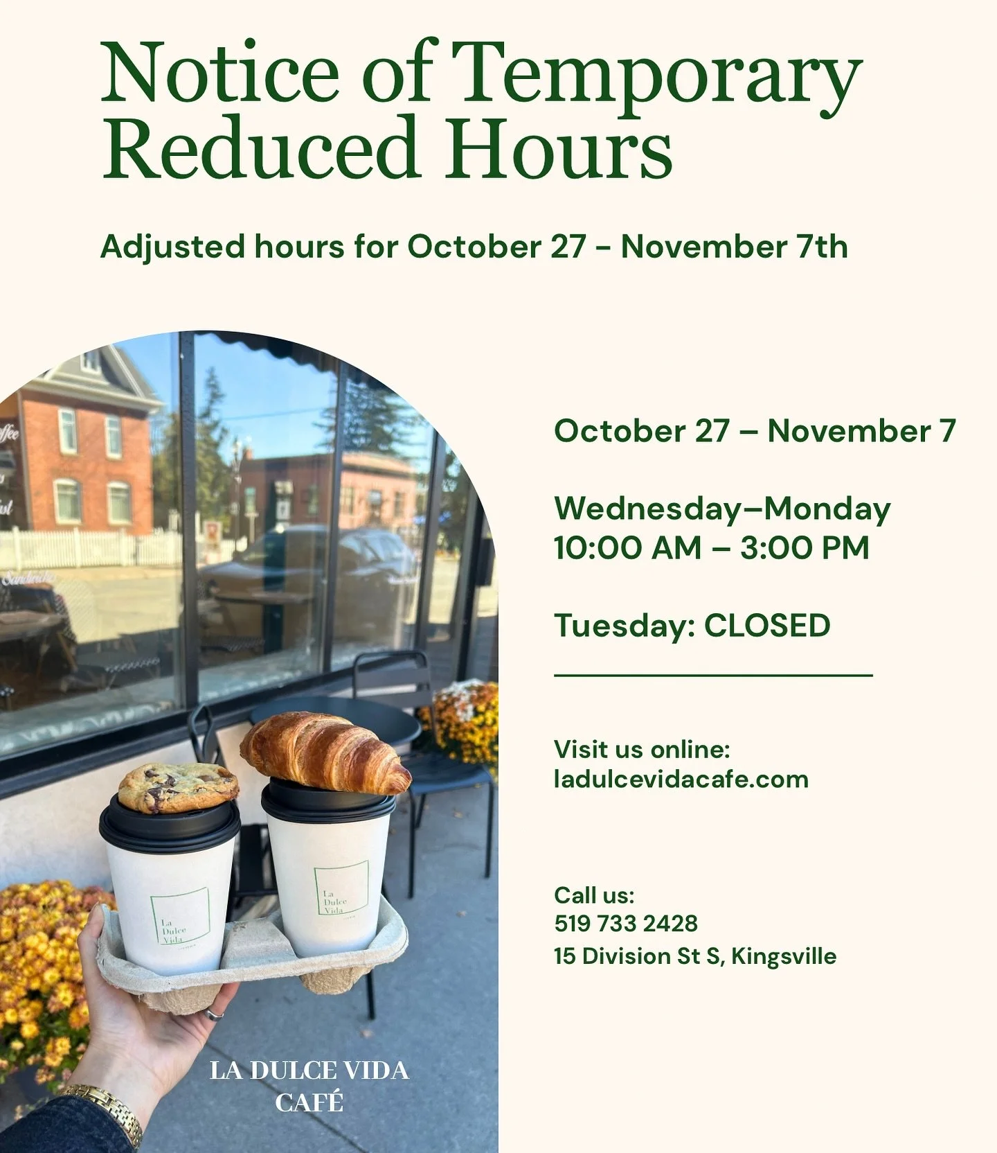 ✨Heads up, coffee lovers! A little pause, same pour.✨

From Oct 27 &ndash; Nov 7, we&rsquo;ll be open 10&ndash;3 (Wed&ndash;Mon) and closed Tuesdays.

Thanks for keeping it cozy with us ☕️🫶