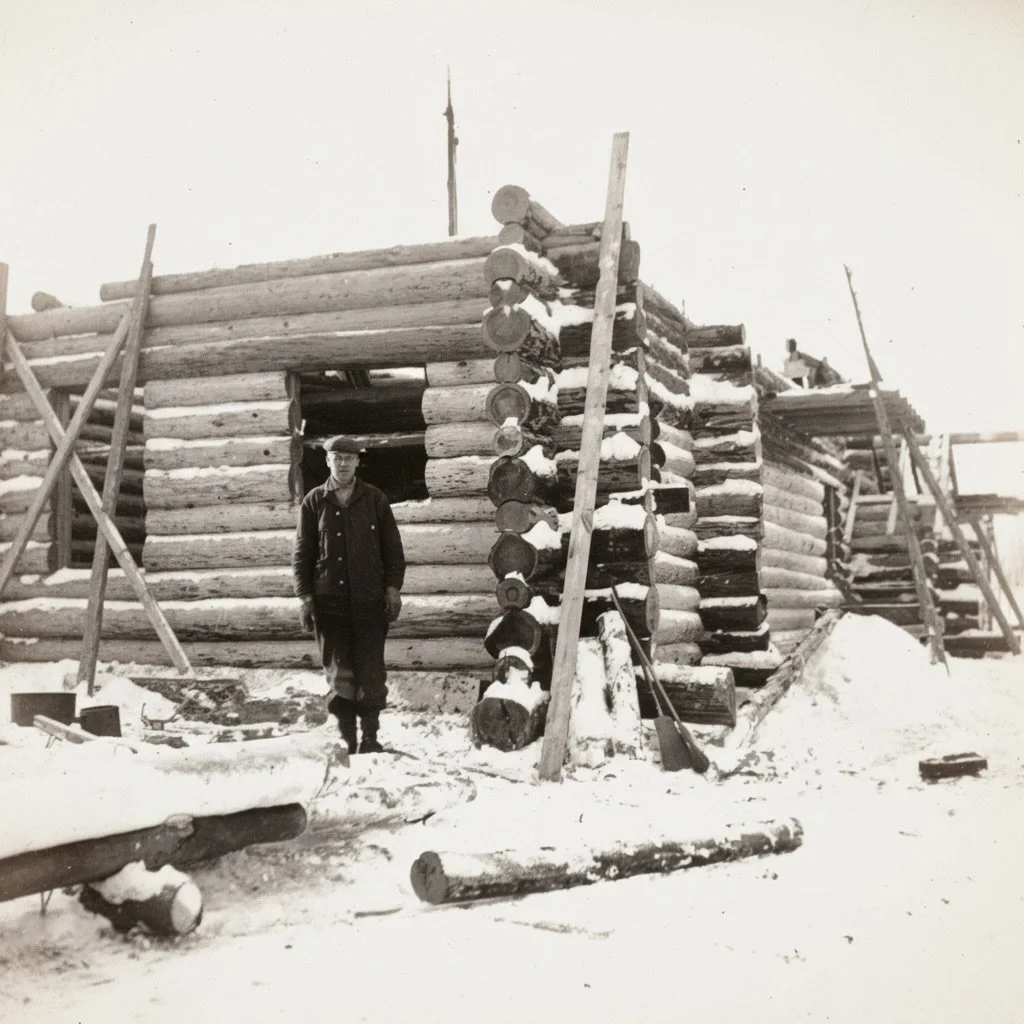 Cohodas Lodge architect David E. Anderson standing in front of the northeast corner of the lodge during its construction in the winter of 1935.

Anderson was born in Sweden in 1885 and trained there as an architect before building his career in Michi