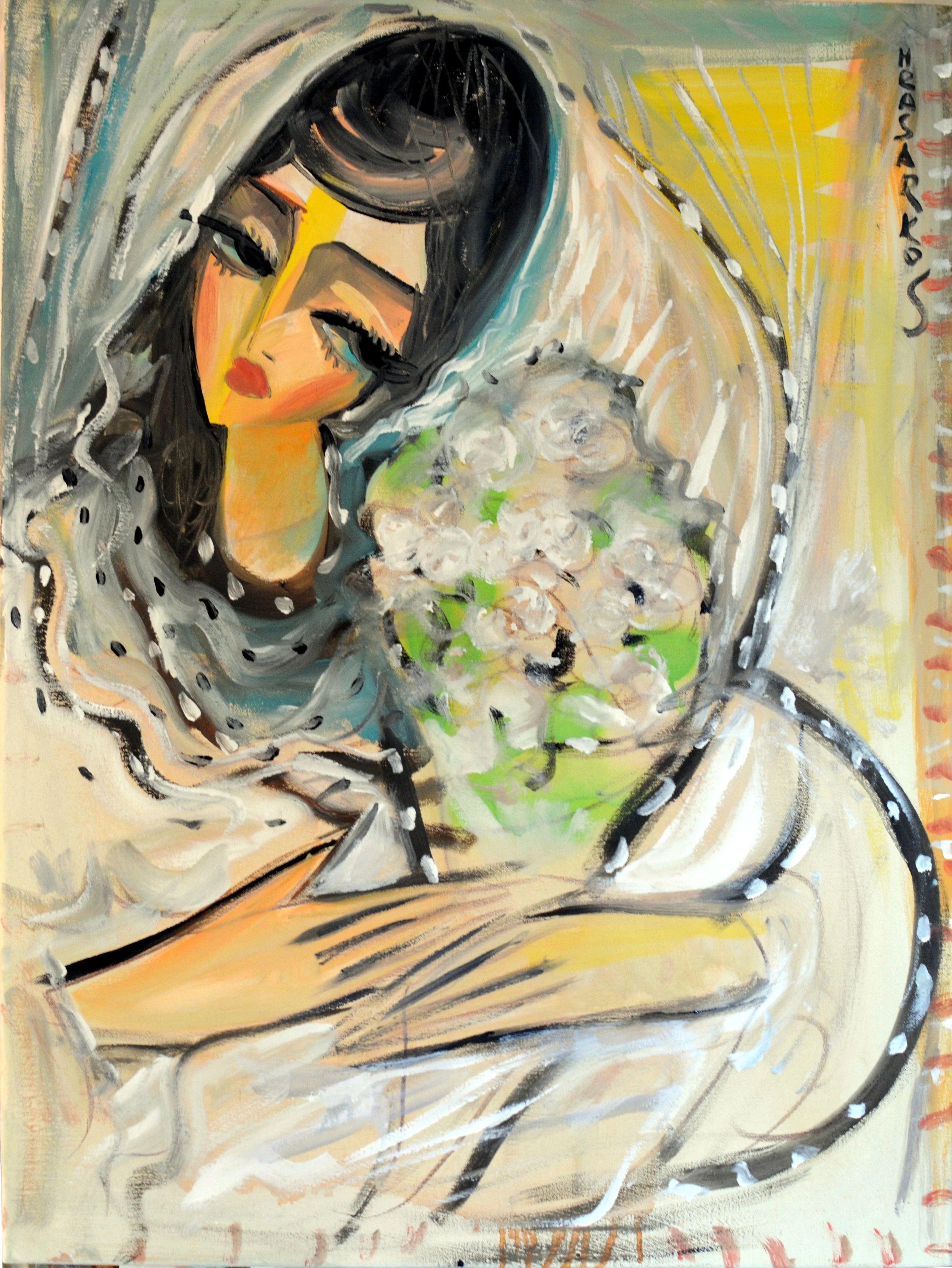 Peinture acrylique contemporaine verticale signée Hrasarkos, intitulée "L'Instant d'Avant".