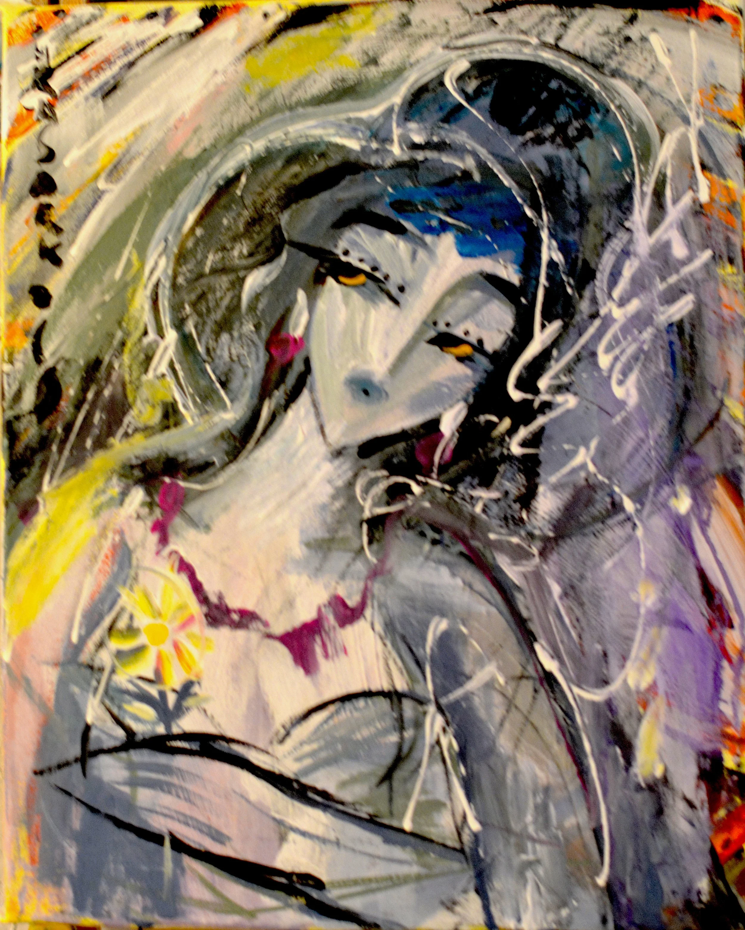 Peinture acrylique colorée de Hrasarkos représentant une femme avec un grand chapeau tenant un verre rouge, style expressionniste moderne.