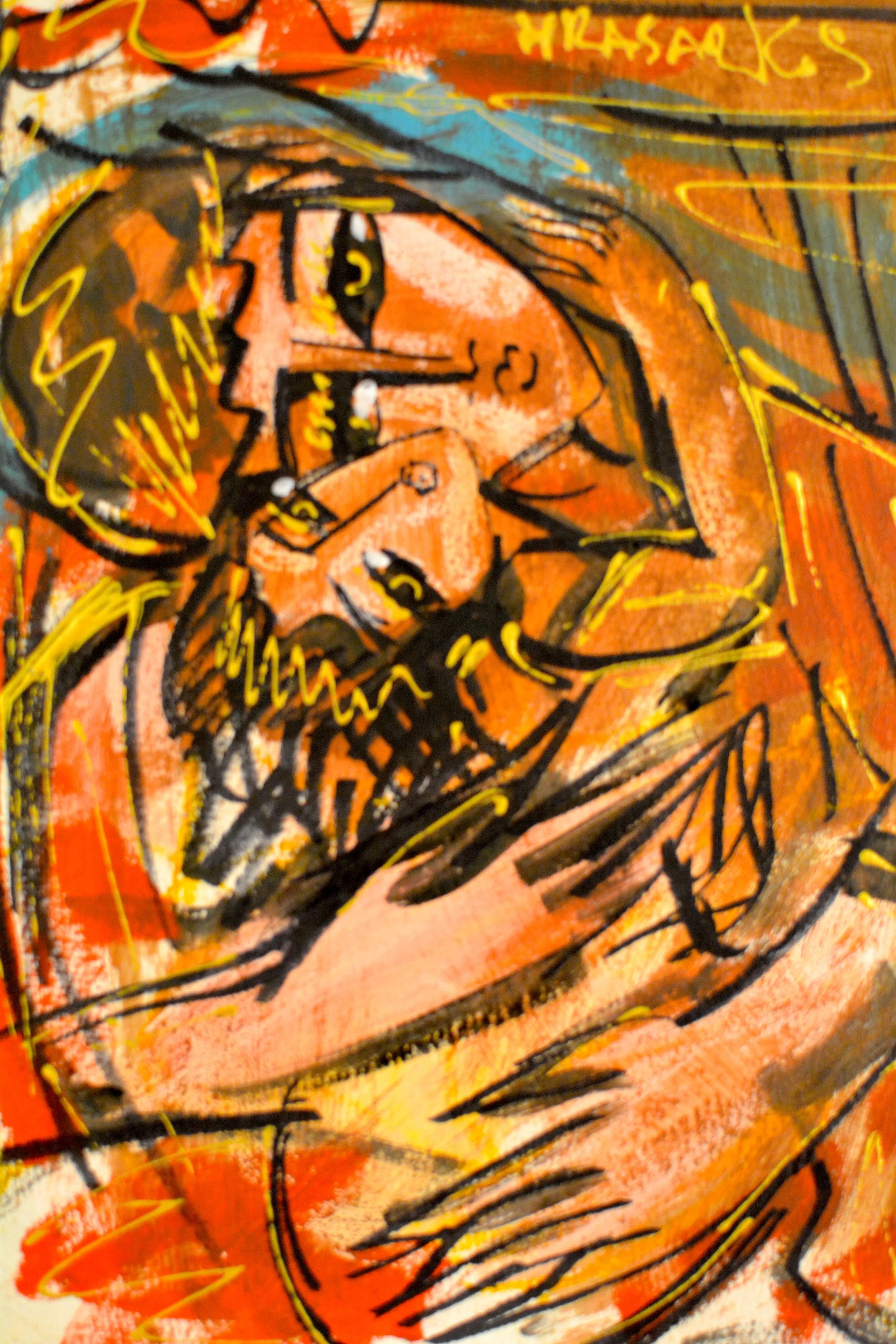 Peinture expressionniste de Hrasarkos intitulée L'Étreinte Solaire