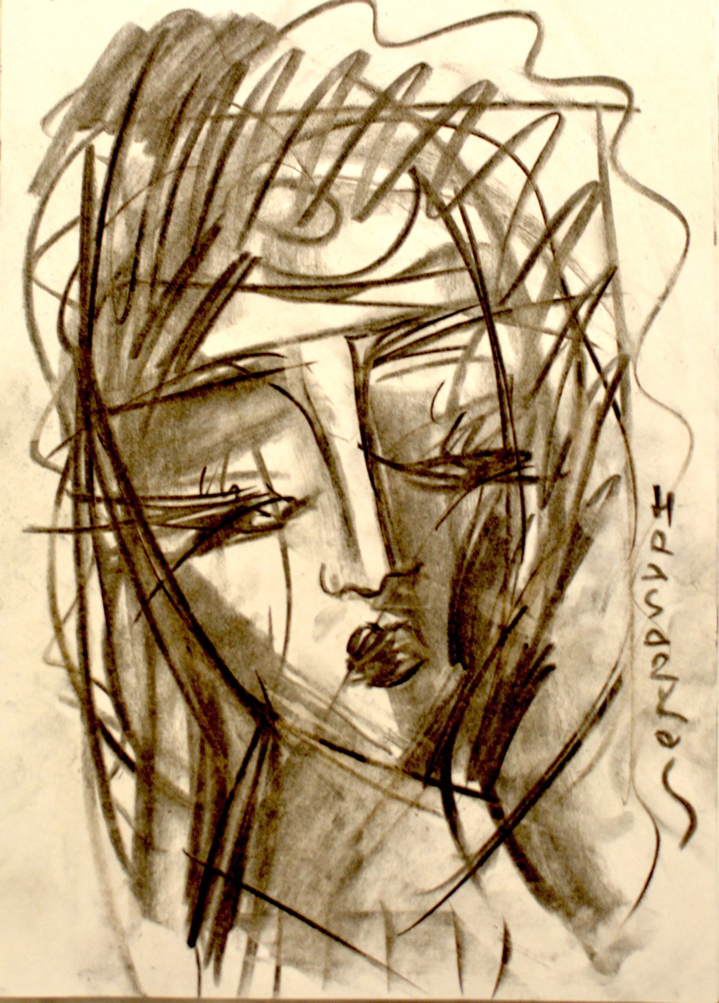 Dessin au fusain vertical sur papier par l'artiste Hrasarkos.