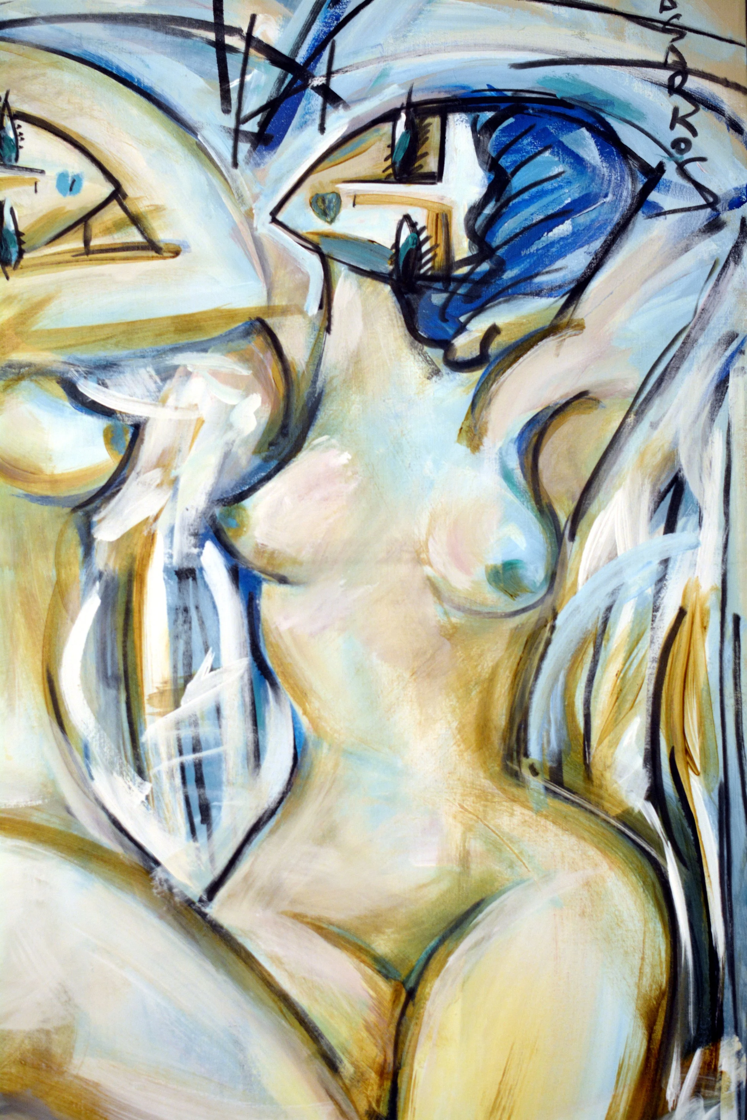 Peinture grand format de Hrasarkos intitulée La Cadence des Grâces, représentant trois femmes nues stylisées dans des tons bleu, jaune et crème avec des contours noirs marqués, style néo-cubiste.