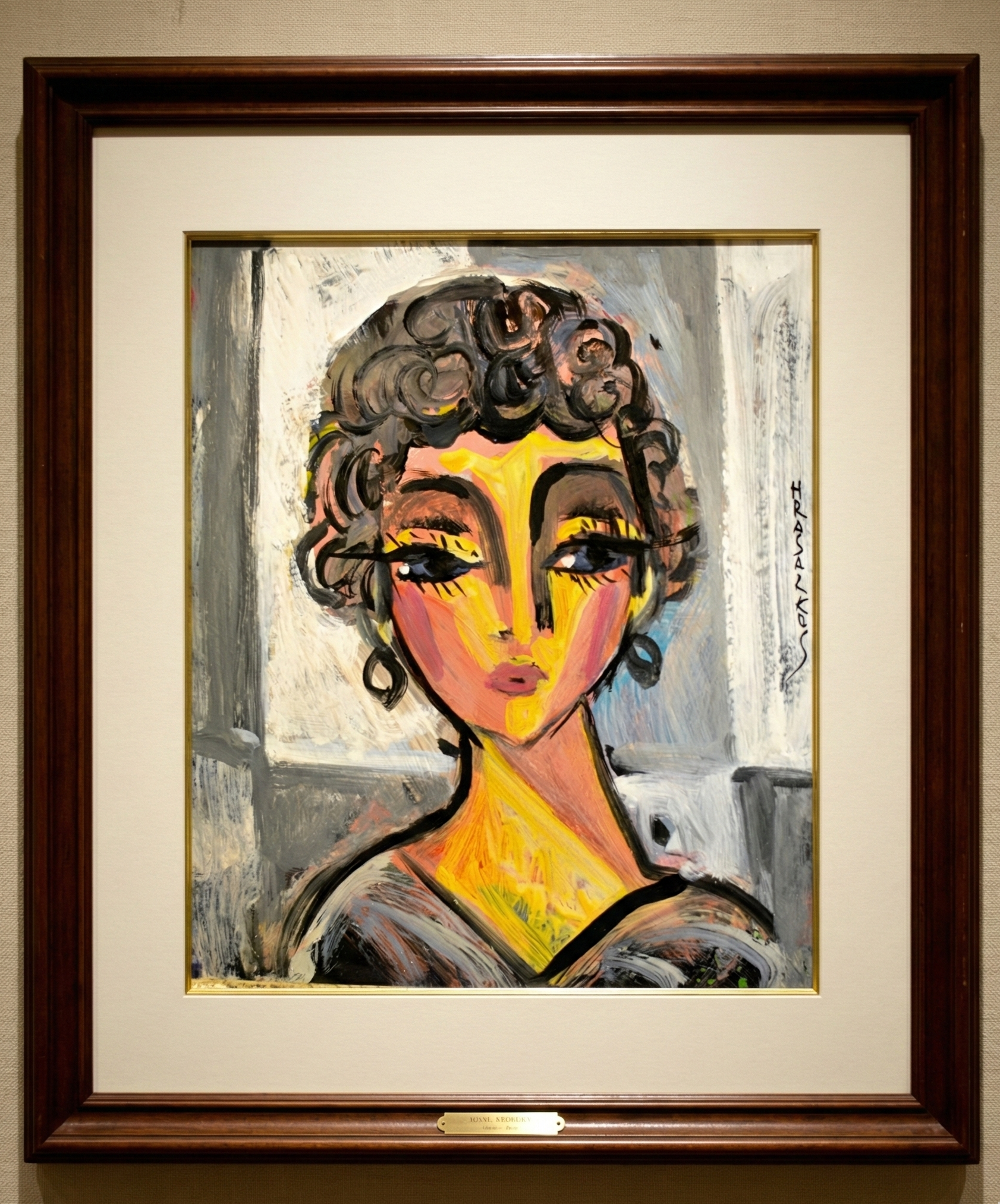 Peinture à l'huile d'un visage de femme stylisé aux tons jaunes vifs et grands yeux expressifs, intitulée "Sous la peau, le soleil" par Hrasarkos.