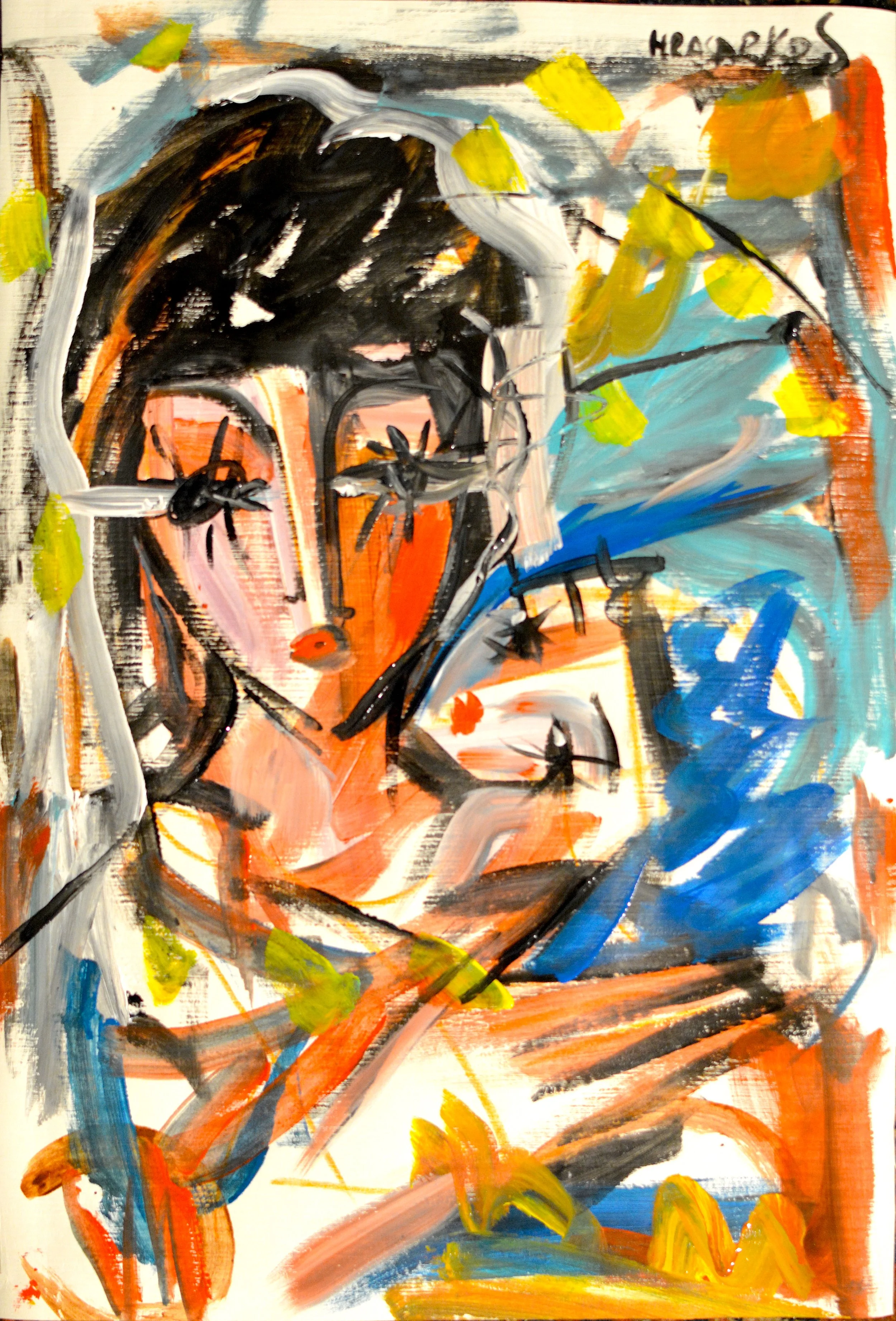 Peinture expressionniste verticale de Hrasarkos représentant deux visages stylisés avec des yeux en forme d'étoiles