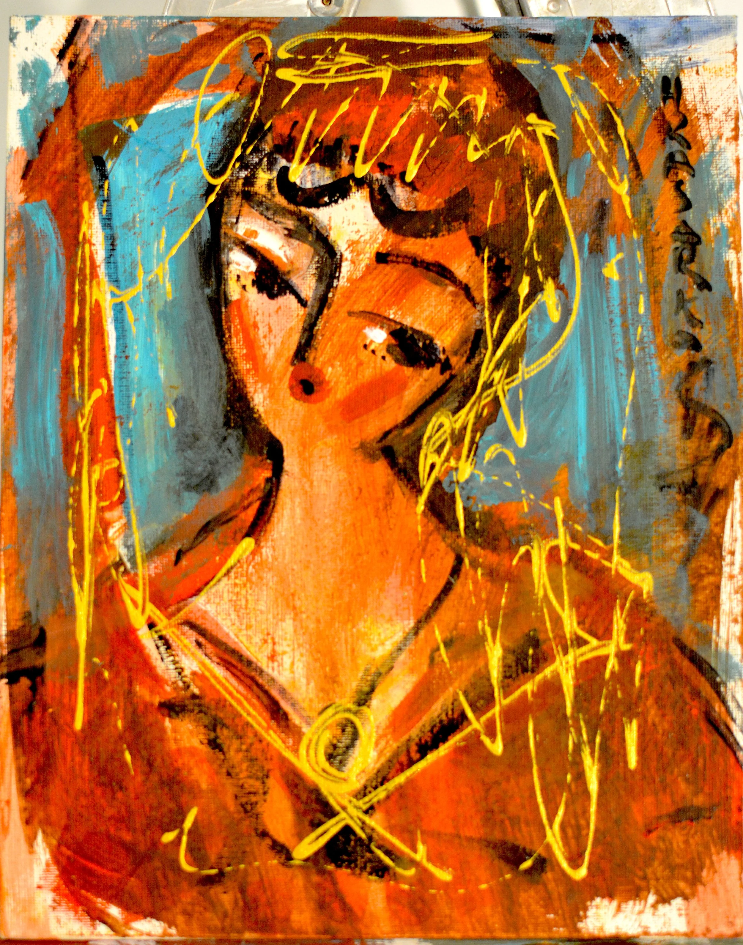 Peinture portrait expressionniste d'une femme par Hrasarkos intitulée Mélancolie Solaire.