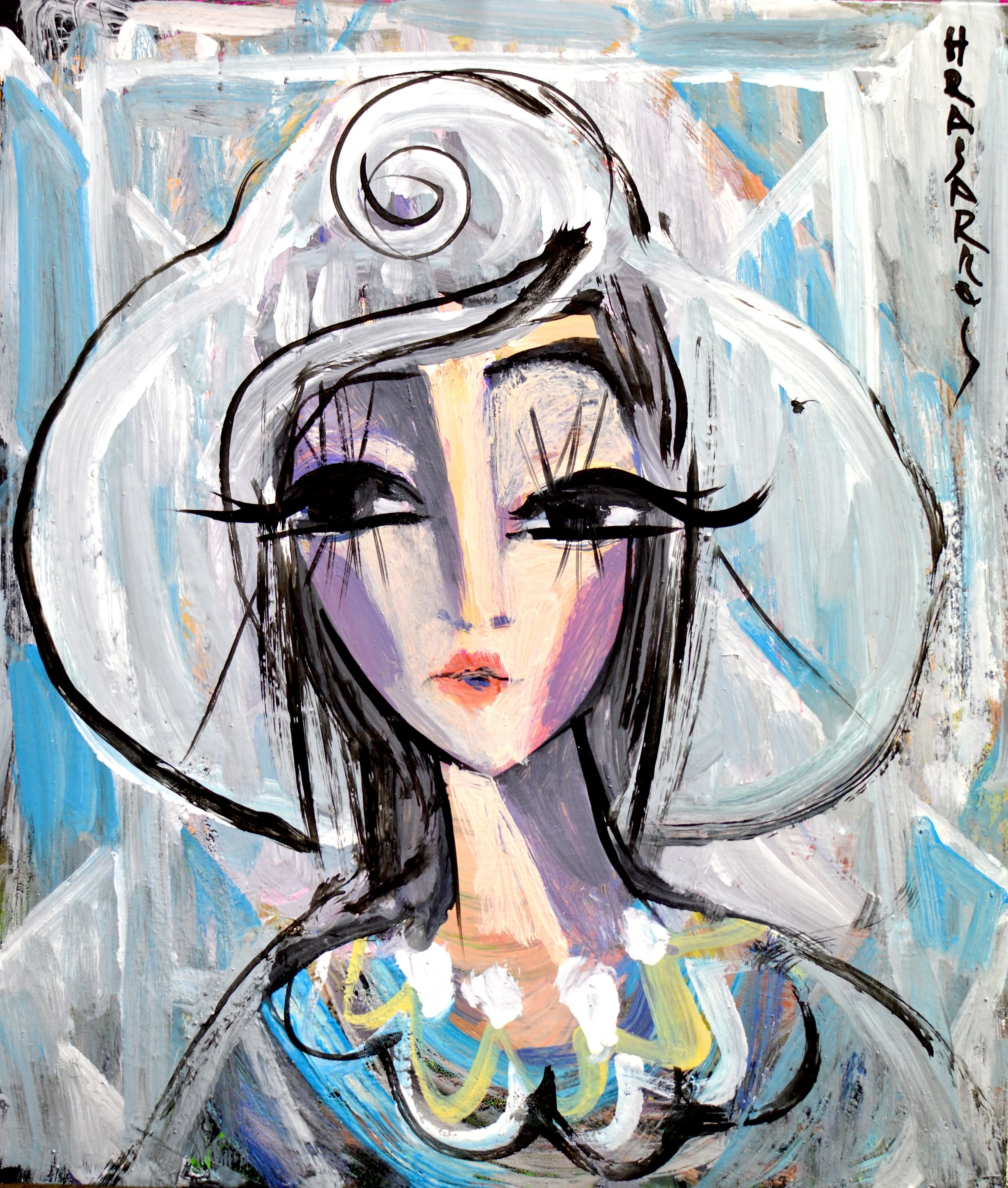 Peinture expressionniste de Hrasarkos intitulée L'Oracle des Neiges, représentant un visage de femme stylisé avec de grands yeux