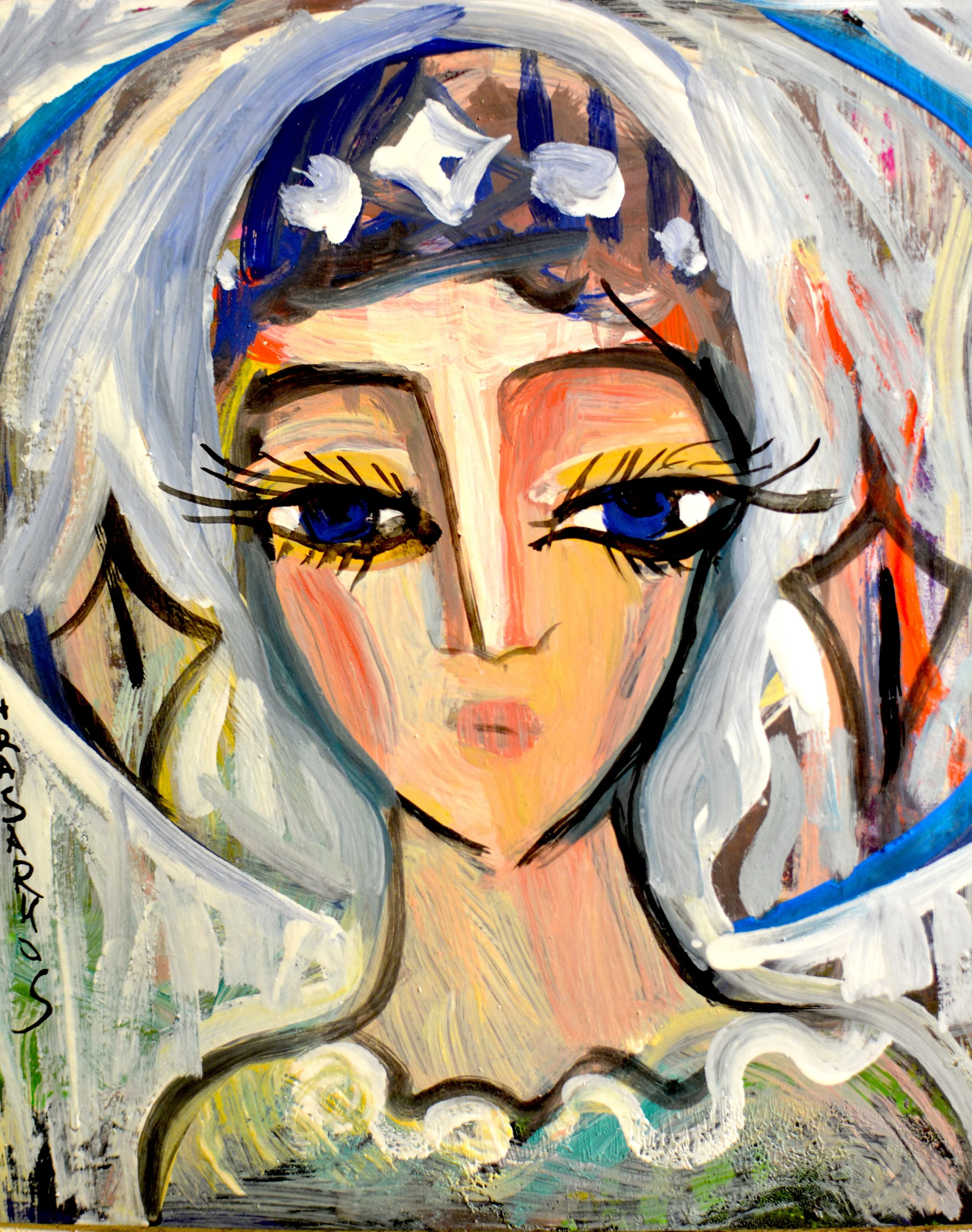 Peinture à l'huile sur papier de Hrasarkos représentant un portrait de femme stylisé type madone